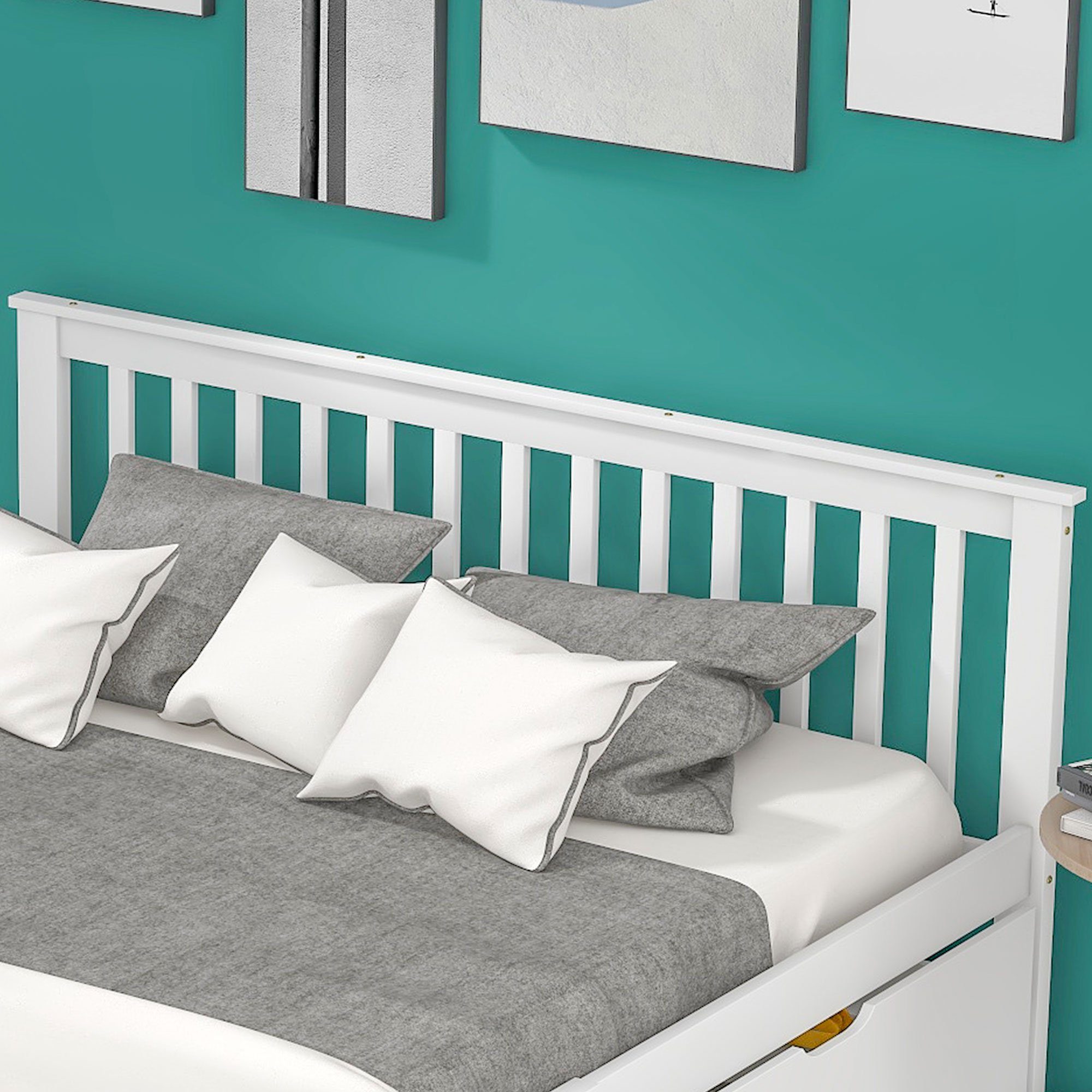 Fangqi Massivholzbett 140x200 großes Doppelbett mit Schubladen, Jugendbett mit Kiefernrahmen, mit zwei Bettschubladen