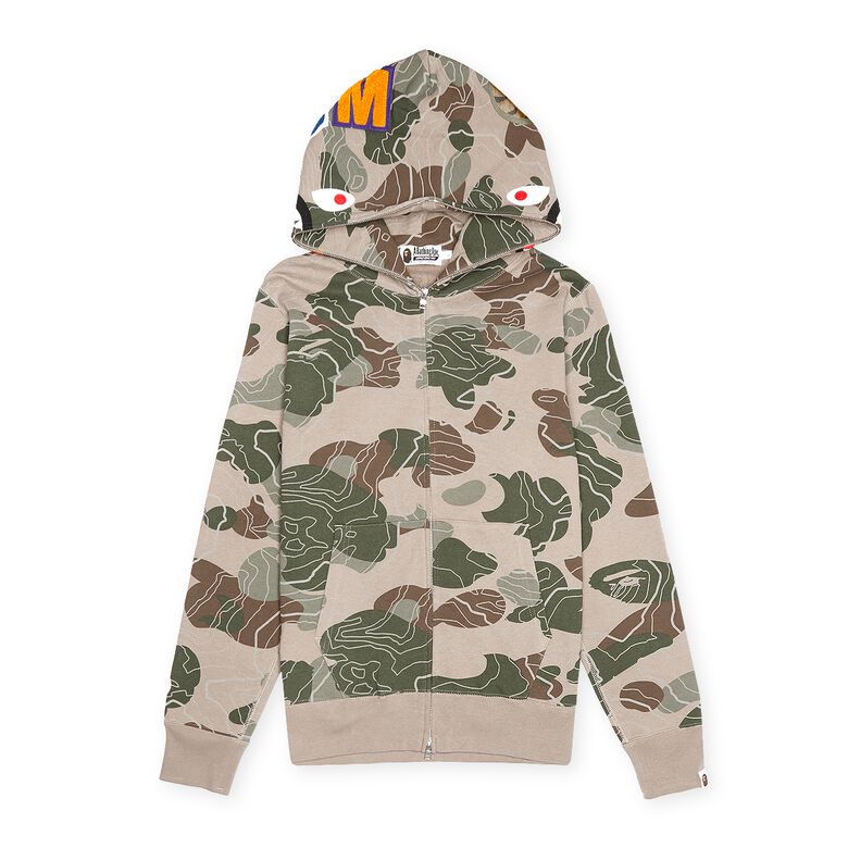 A Bathing Ape Layered Line Camo Shark Full Zip Hoodie M beige