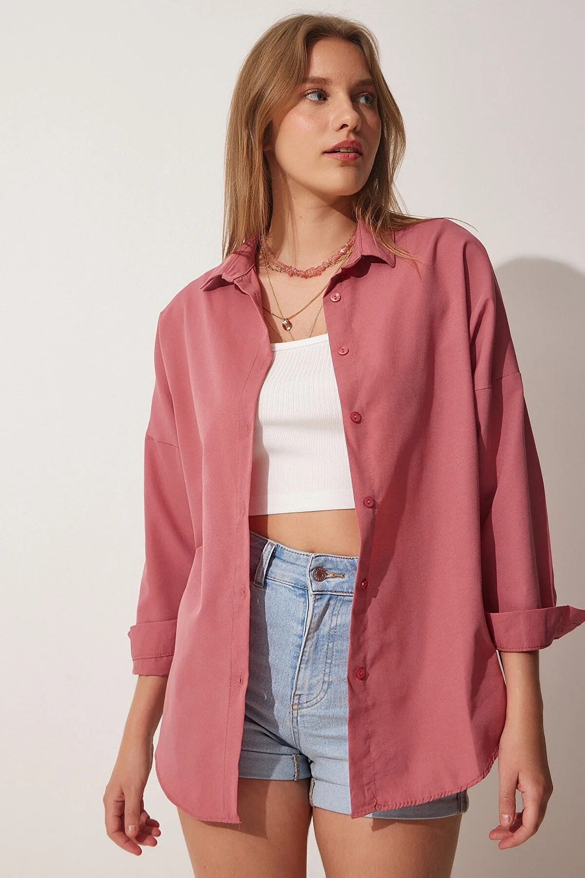 Happiness İstanbul  Damen Oversized Basic Shirt, Dunkelrosa, Getrocknet DD00842
