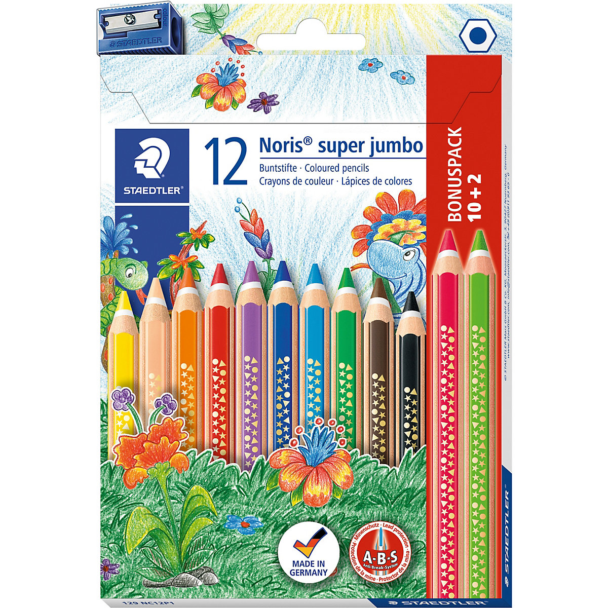 Dreikant-Super-Jumbo-Buntstifte Noris®, 10 & 2 Farben, inkl. Spitzer