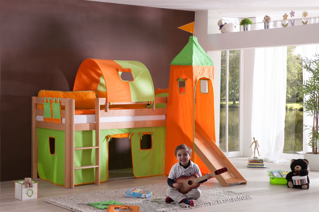 Relita Halbhohes Spielbett ALEX mit Rutsche/Turm/Tunnel Buche massiv natur lackiert mit Stoffset grün/orange