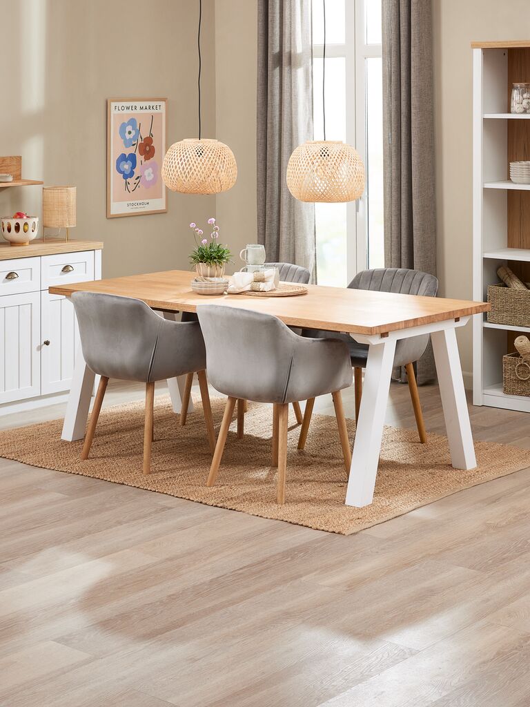 SKAGEN ADSLEV SKAGEN L200 bord hvit/eik 4 ADSLEV stol grå fløyel