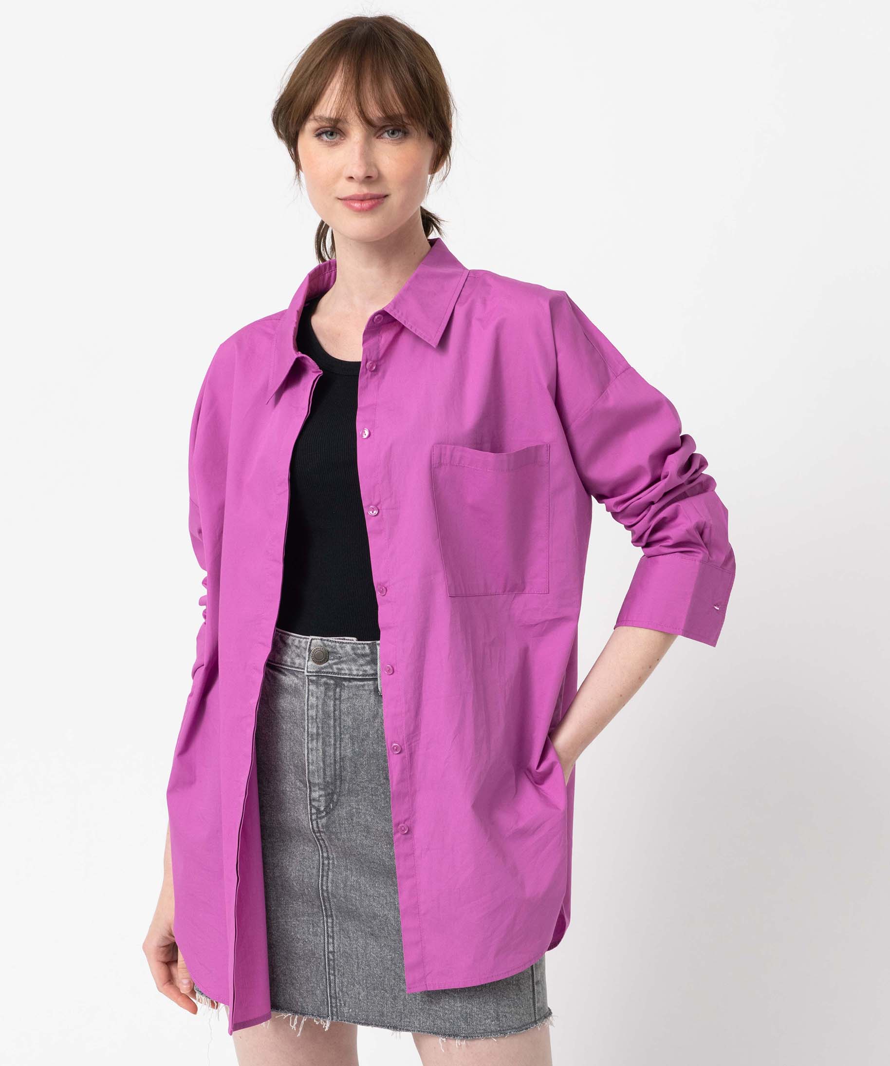 Chemise femme coupe oversize avec poche poitrine violet | GEMO