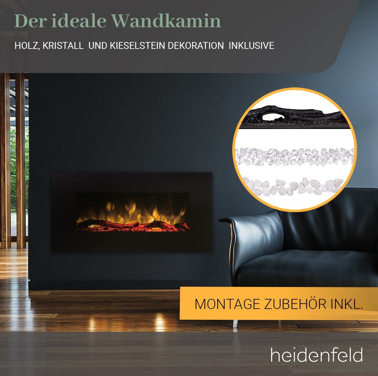Heidenfeld Elektrokamin Kamin Heizung Wandkamin HF-WK300 750/1500 Watt inkl. 3 J. Garantie, 3D Flammen - 10 wählbare LED Farben - Fernbedienung - Elektroheizung