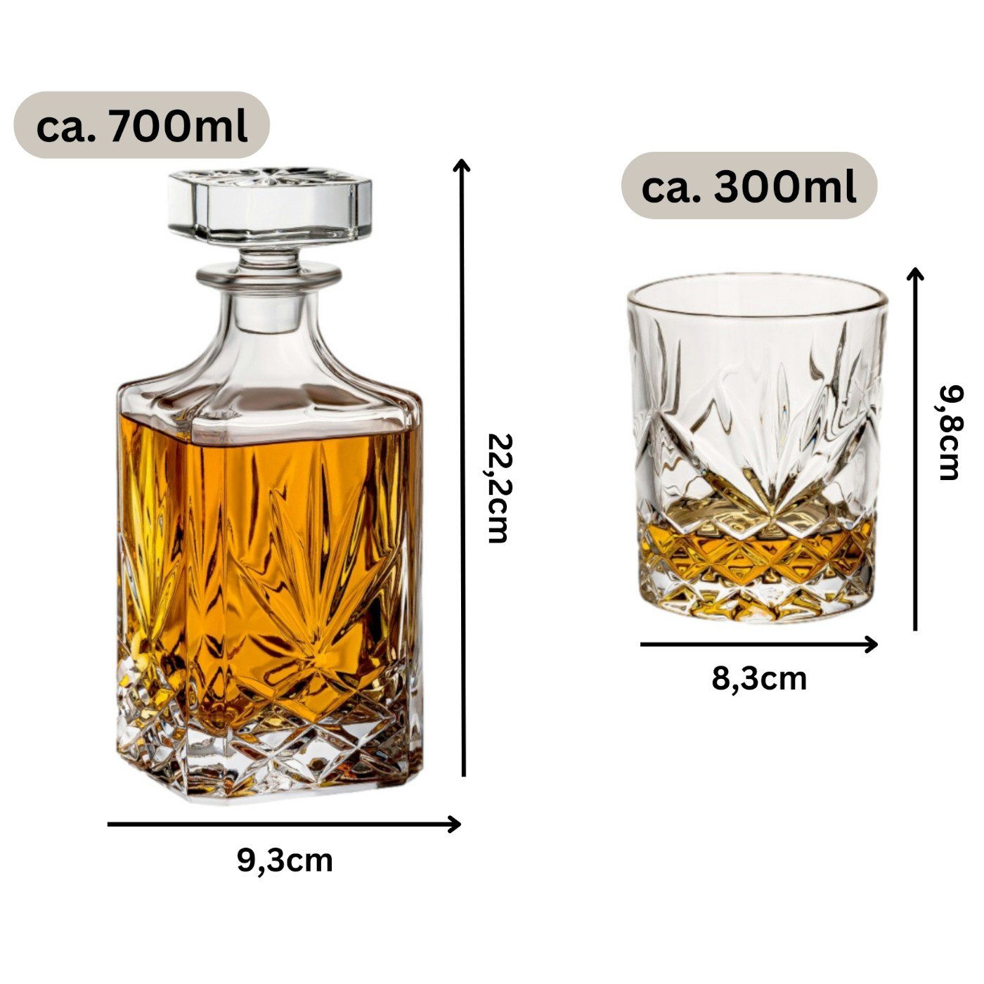 gouveo Karaffe Whiskykaraffe mit 4 Gläser - Whisky-Set aus hochwertigem Glas
