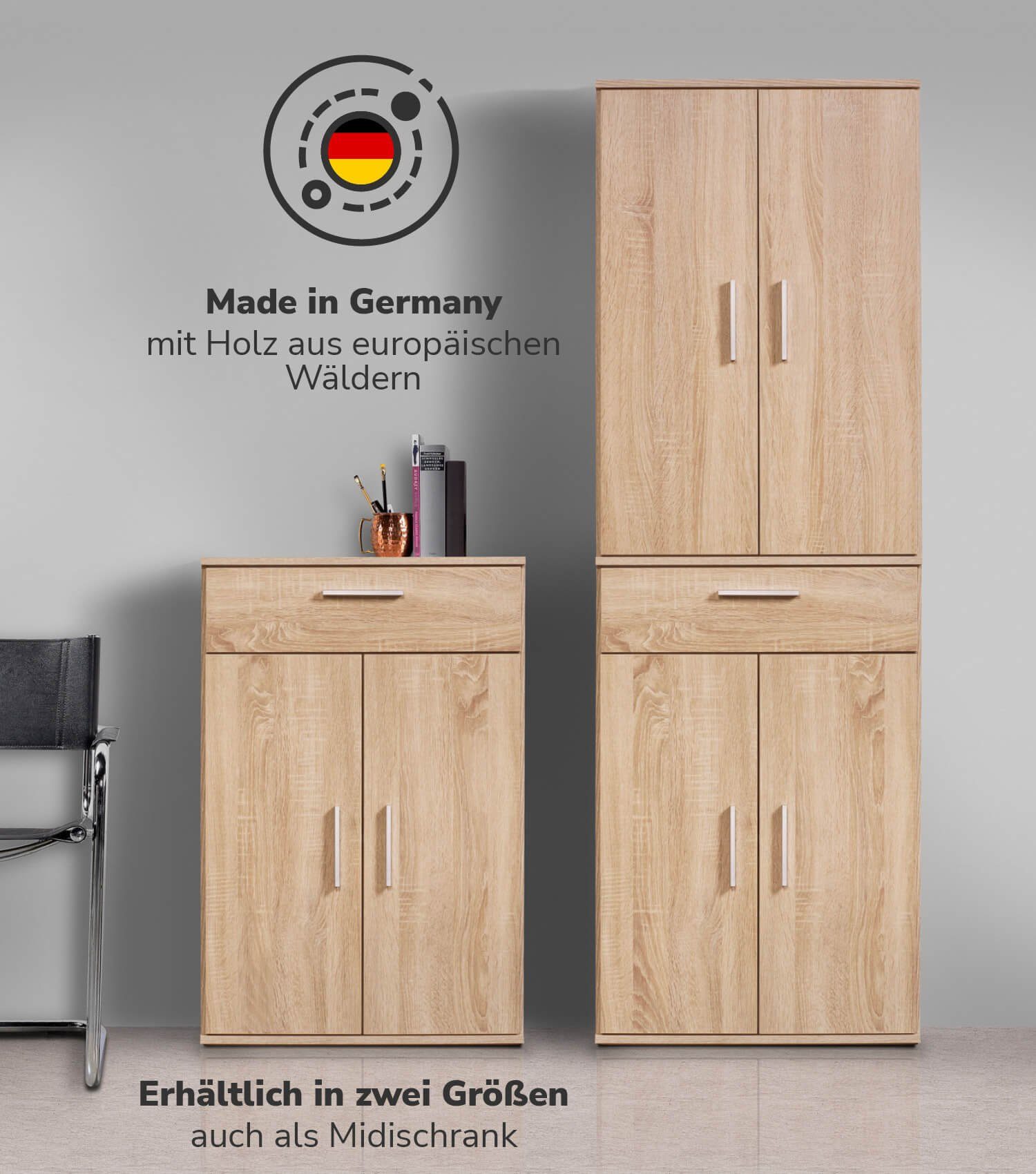 mokebo Mehrzweckschrank Der Praktische (180cm Höhe) Apothekerschrank, Vorratschrank, Schuhschrank, Küchenschrank Braun