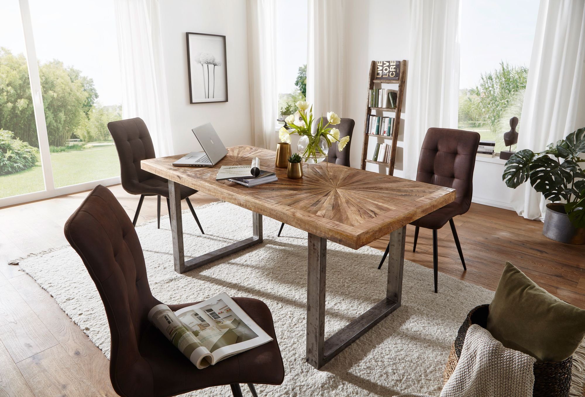 FINEBUY Esstisch SuVa18463_1 (Mango Massivholz Esszimmertisch 180x76,5x90 cm), Küchentisch mit Metallgestell, Holztisch Esszimmer