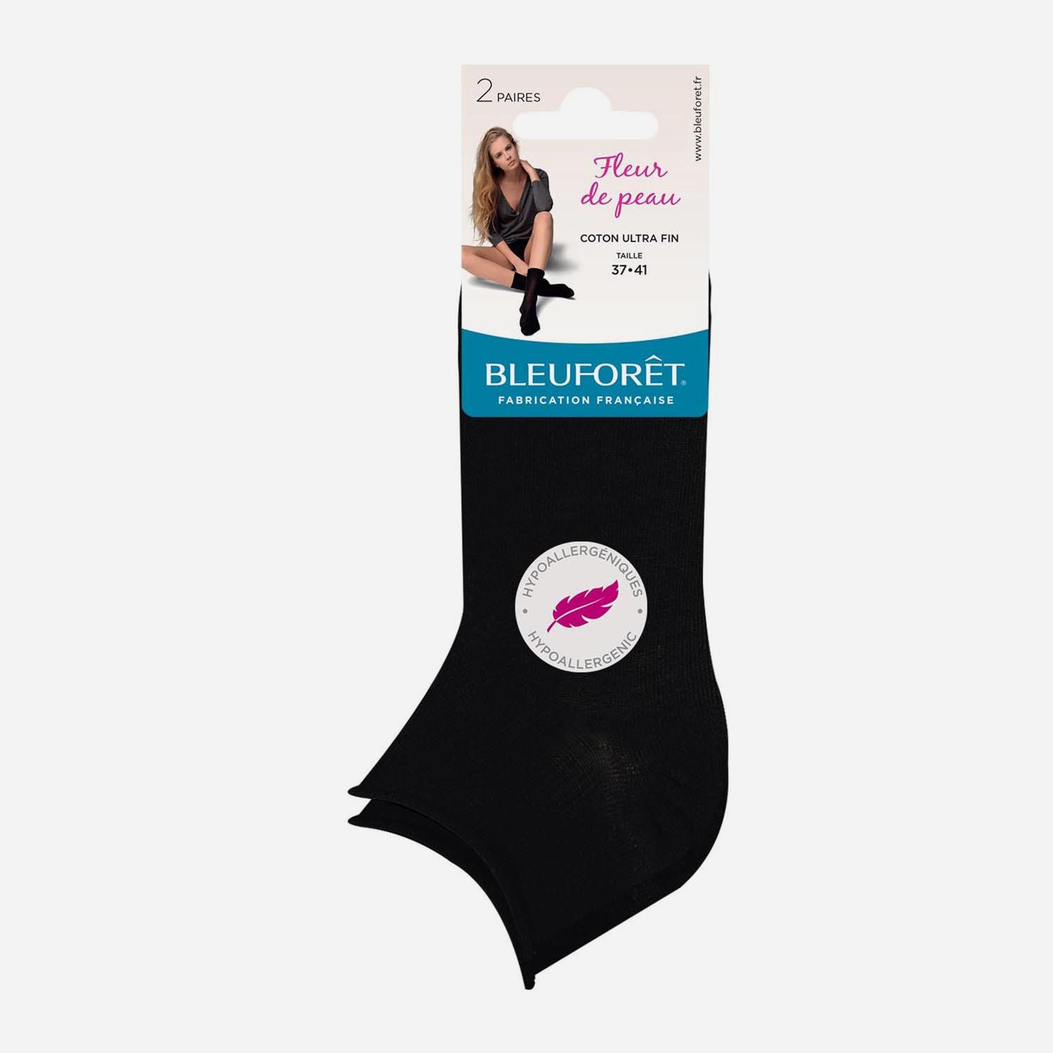 2 paires de chaussettes courtes BLEU FORET noires Fleur de peau pointure 37-41