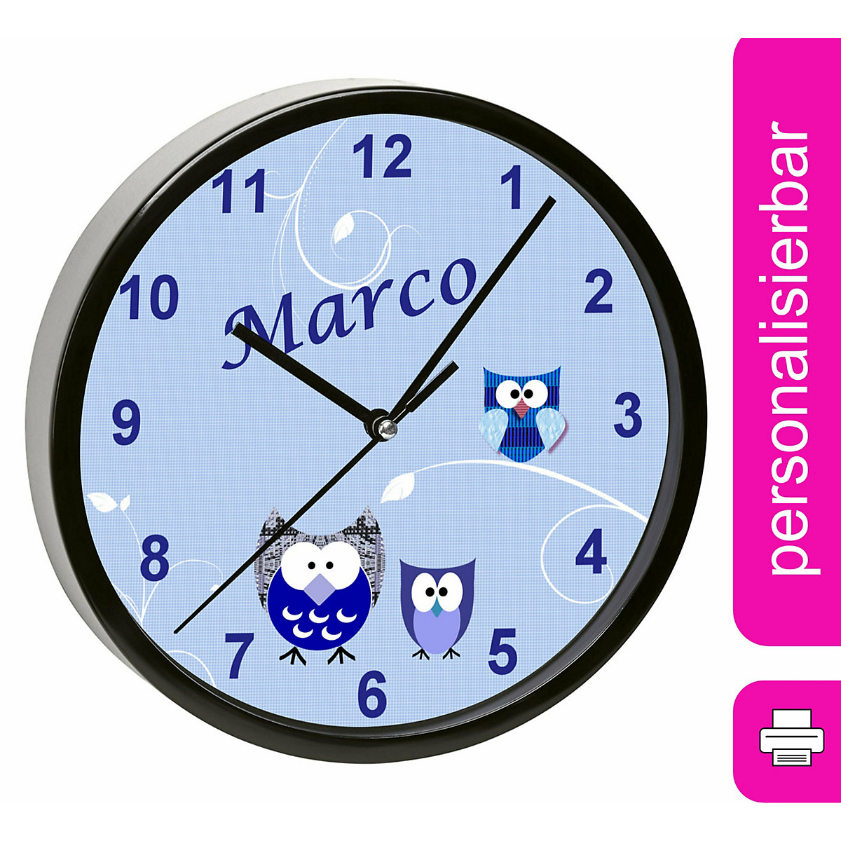 Kinder Wanduhr personalisiert mit Name Eule Blau