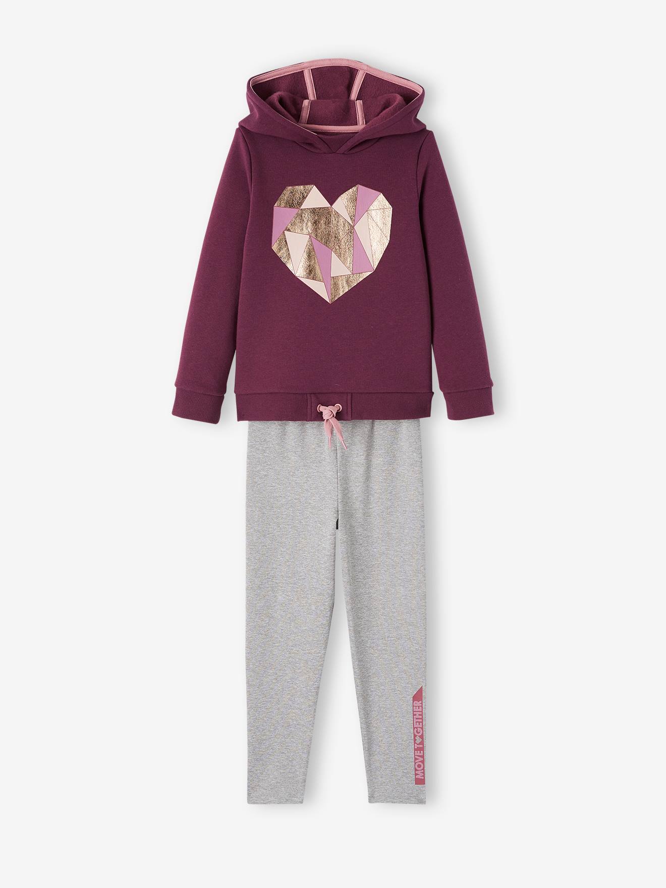 Ensemble de sport sweat coeur irisé + legging fille prune