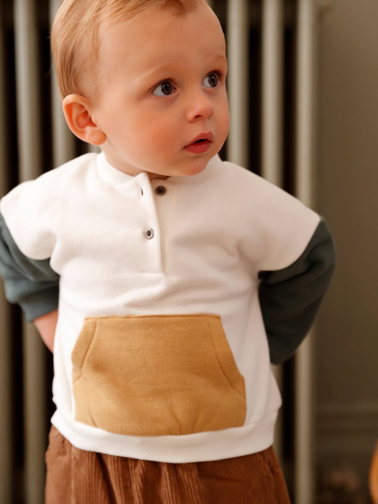 Ensemble bébé sweat en molleton + pantalon en velours ivoire