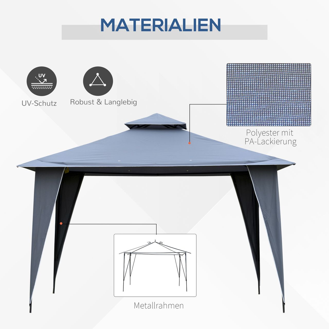Outsunny Pavillon Partyzelt mit Doppeldach 3,5x3,5x2,7m Festzelt Gartenlaube Metall Polyester Grau