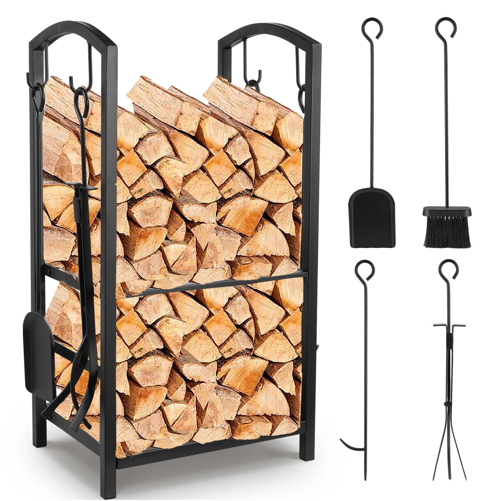 Femor Kaminholzregal, Brennholzregal mit 4 Werkzeugen, 75x40x30 cm
