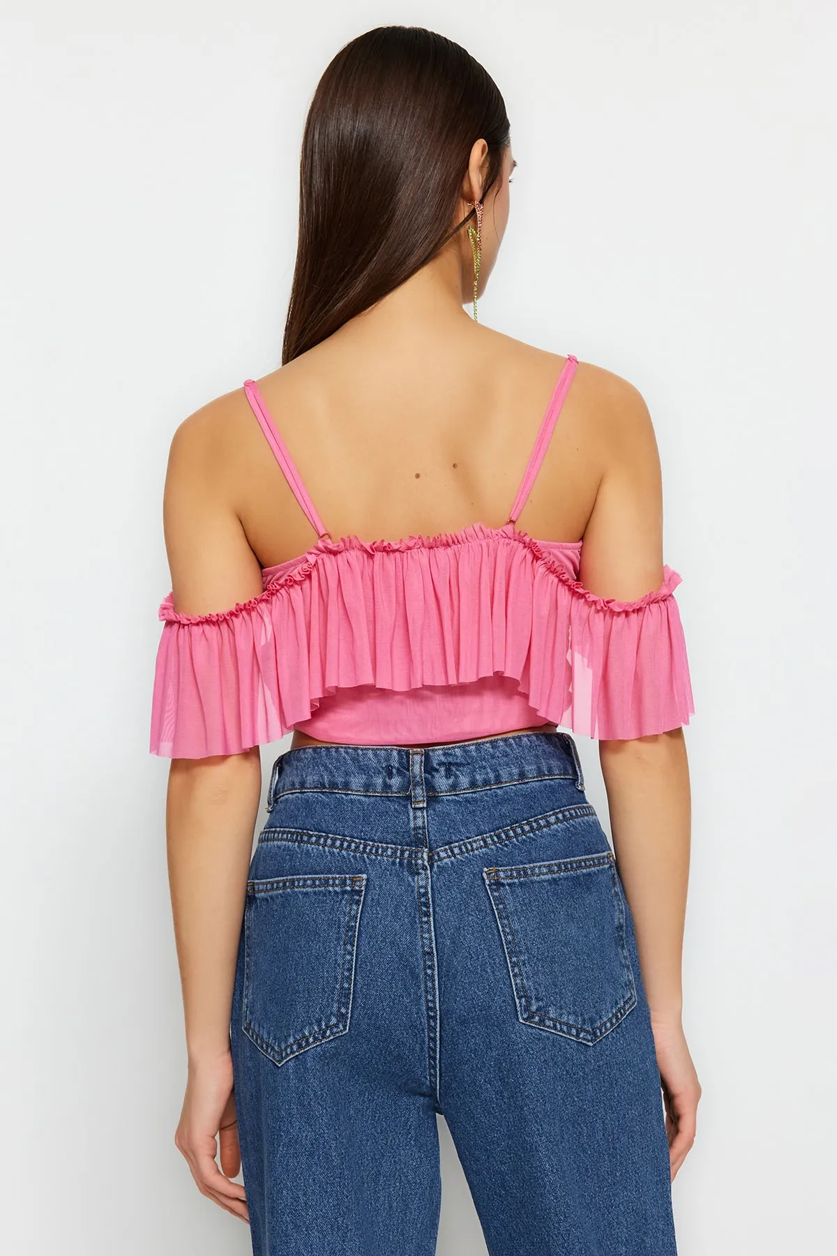 Trendyol Collection  Rosa Crop-Strick-Rüschenbluse TPRSS23BZ00072