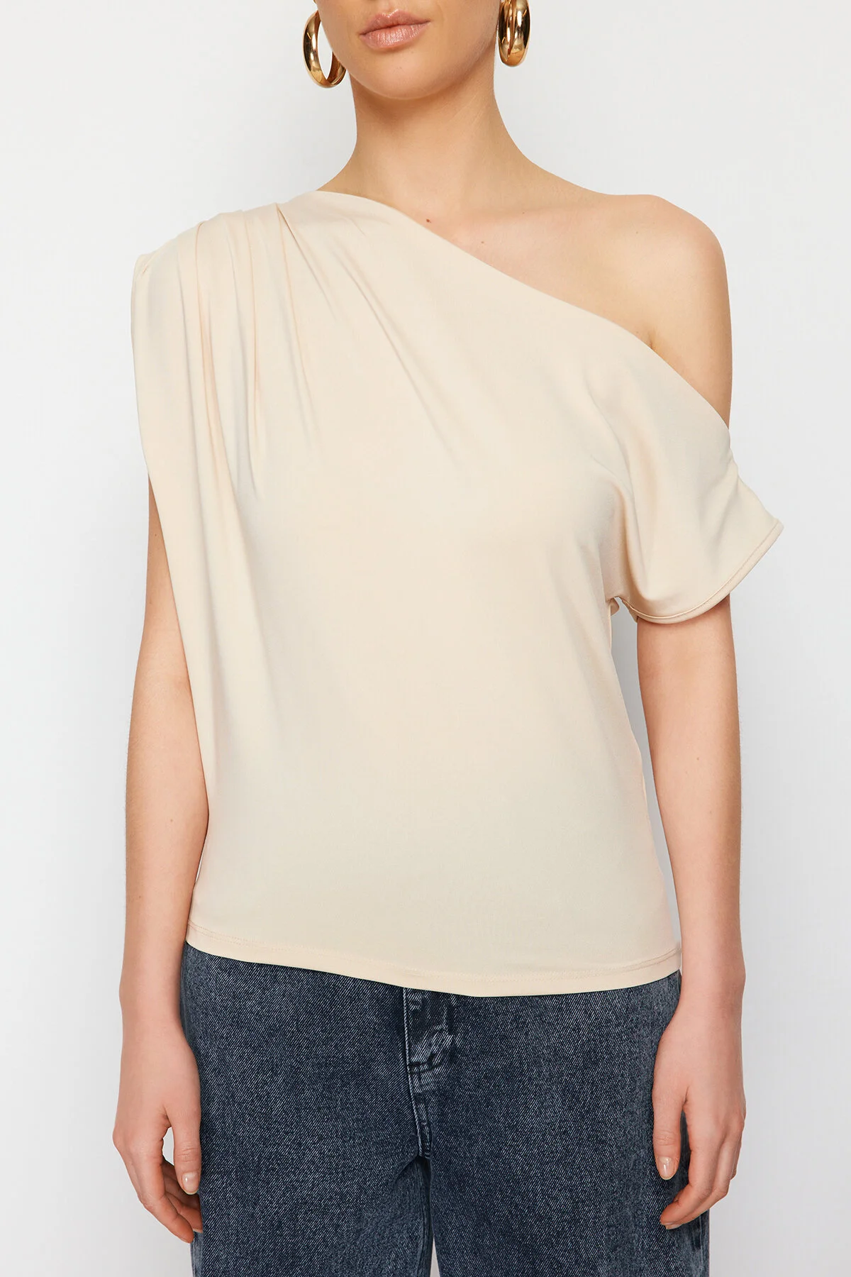 Trendyol Collection  Stein Regular/Normal Fit Asymmetrischer Kragen Ärmellose Stretch-Strickbluse TWOSS24BZ00396