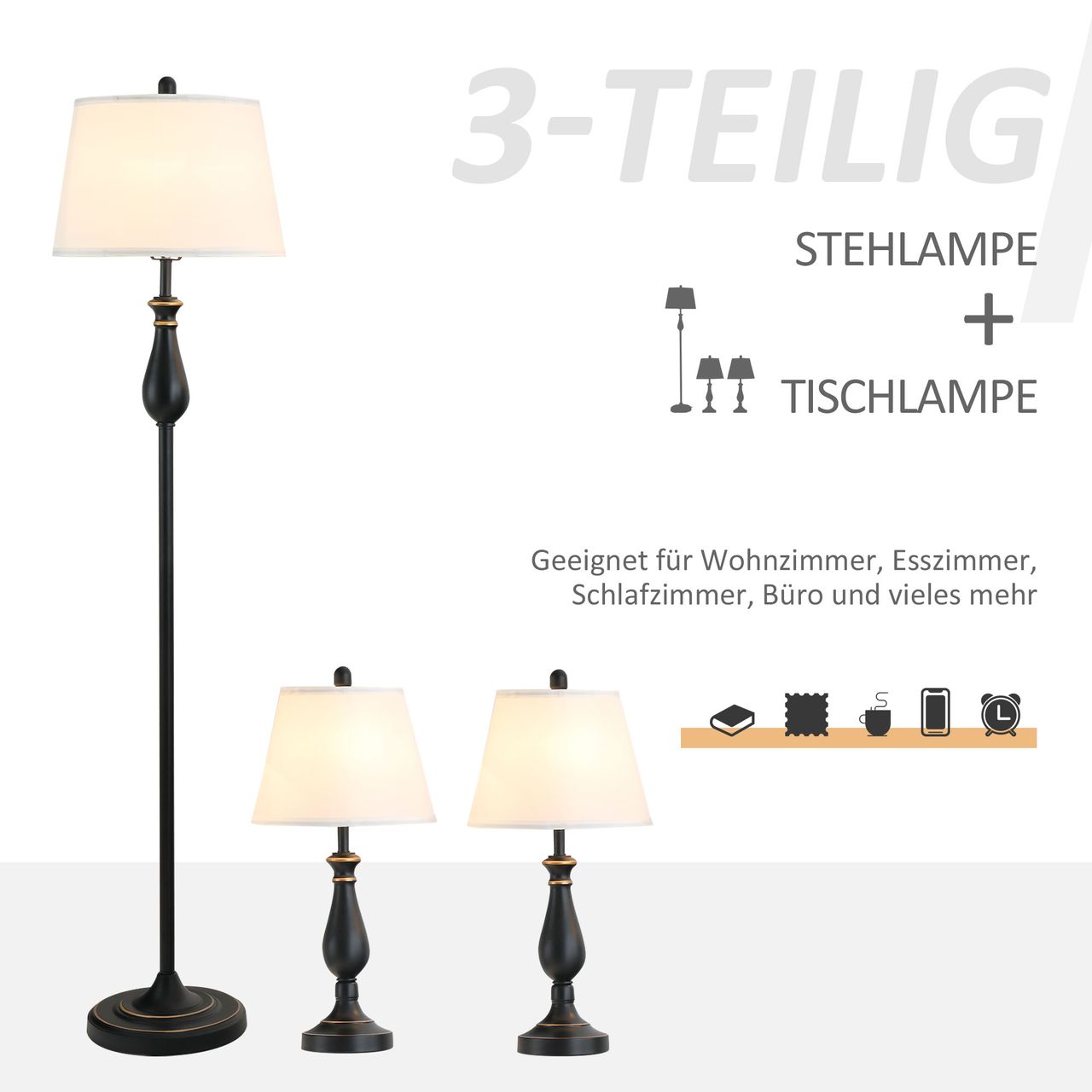 HOMCOM 3er-Lampenset 2 Tischlampe(ø30 x 62H cm)   1 Stehlampe(ø38 x 158H cm) Vintage, Schwarz Weiß, Metall, PS, Polyester, Baumwolle E27 Lampensockel