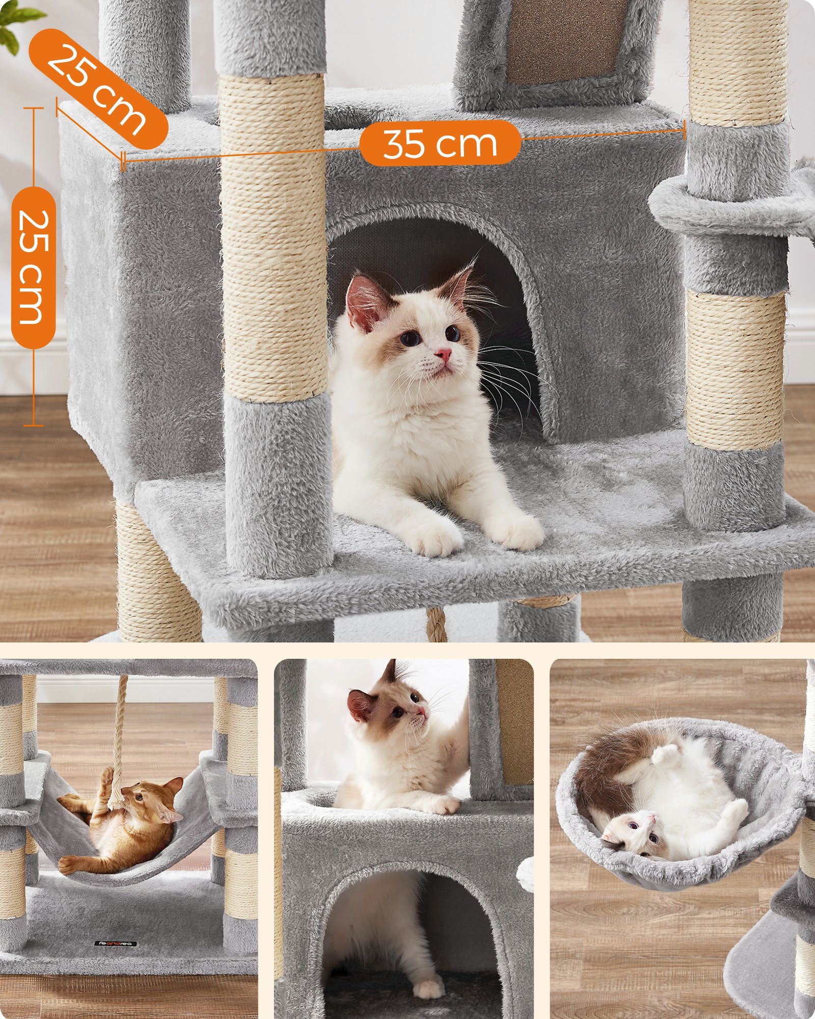 FEANDREA Kratzbaum, Katzenbaum,168cm,mehrstöckig für große Katzen,Kippschutz