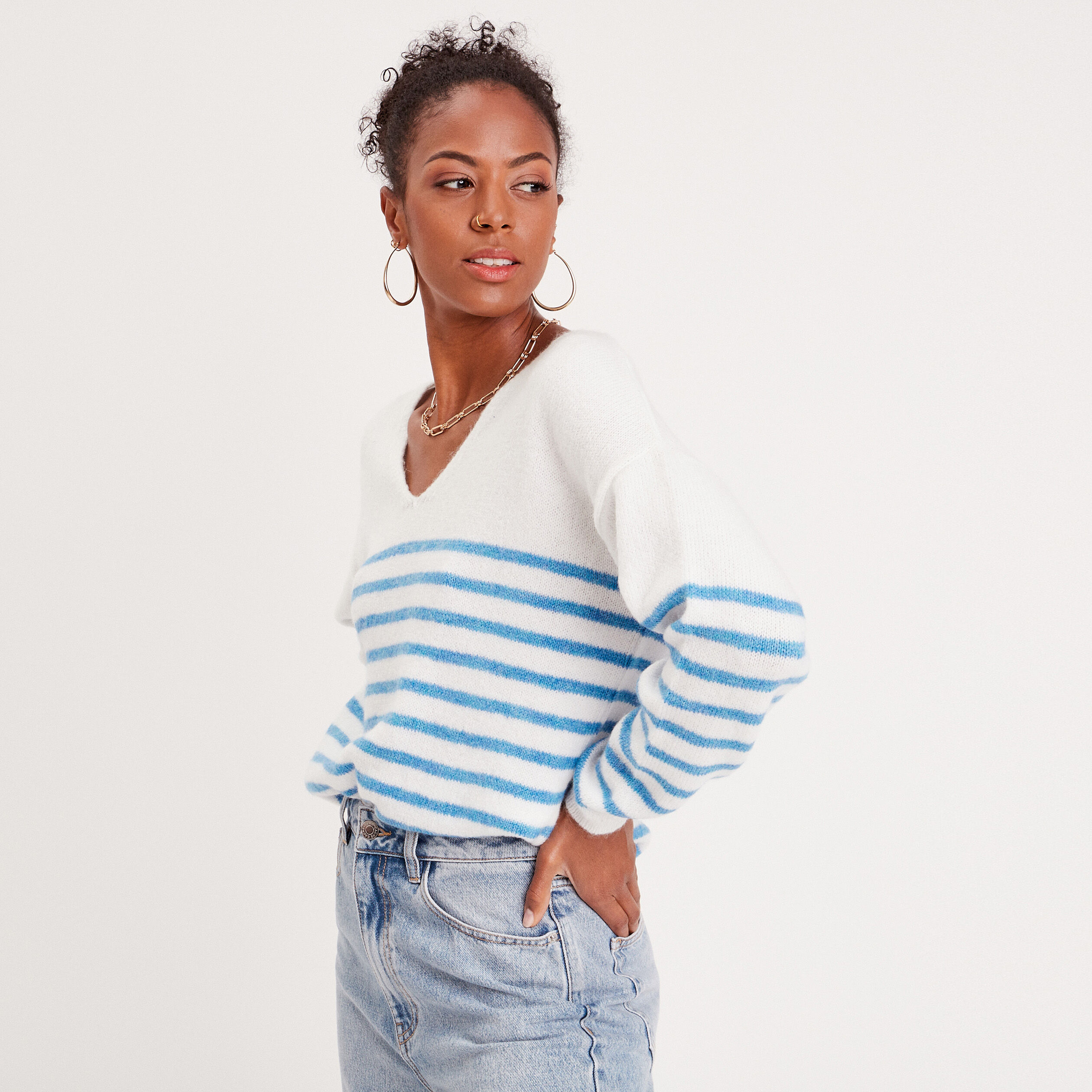 Pull manches longues col en V bleu femme | Cache Cache
