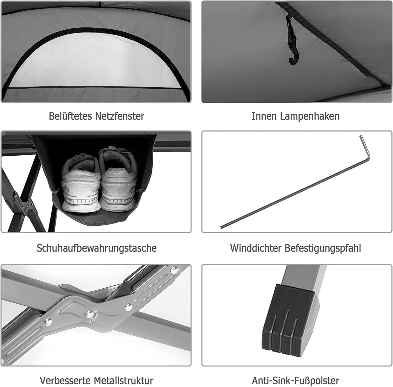 KOMFOTTEU Kuppelzelt 4 in 1 Campingzelt mit Feldbett, Personen: 2, 194×146×160 cm