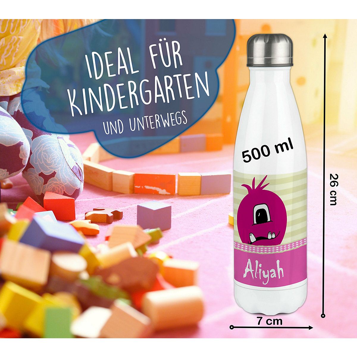 Edelstahl Kinder Thermoflasche / Trinkflasche bunt Monster Karo Farbe rosa Spülmaschinenfest, Auslaufsicher, Bruchfest, Doppelwandig, Für Heißgetränke geeignet, Mit Deckel, Isoliert