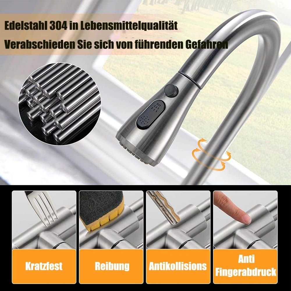 XERSEK Waschtischarmatur Hochdruck Wasserhahn Küche Ausziehbar, küchenarmatur 385mm (Hohe Bogenauslauf 360°schwenkbar, Mischbatterie küche Armatur, aus Edelstahl) 3 Strahlarten (Strahl/Sprüh/Pause)