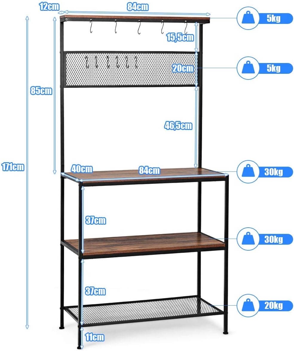 Costway COSTWAY Küchenregal Standregal 3 Ebenen mit 11 Haken und Gitter