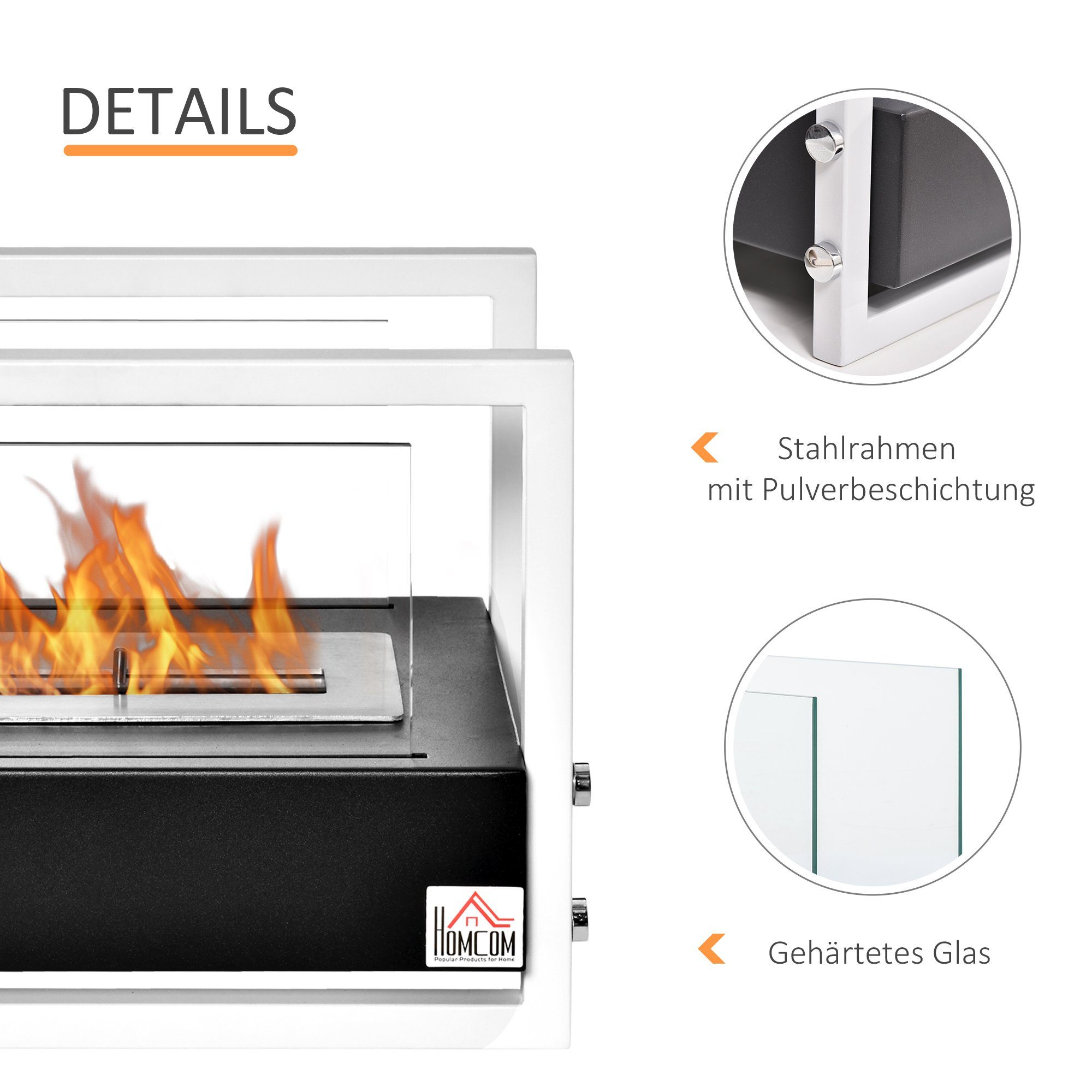 HOMCOM Echtfeuer-Dekokamin Ethanol-Kamin, Biokamin Bio Ethanol Brenner 1,5L kein Rauch Schwarz+Weiß