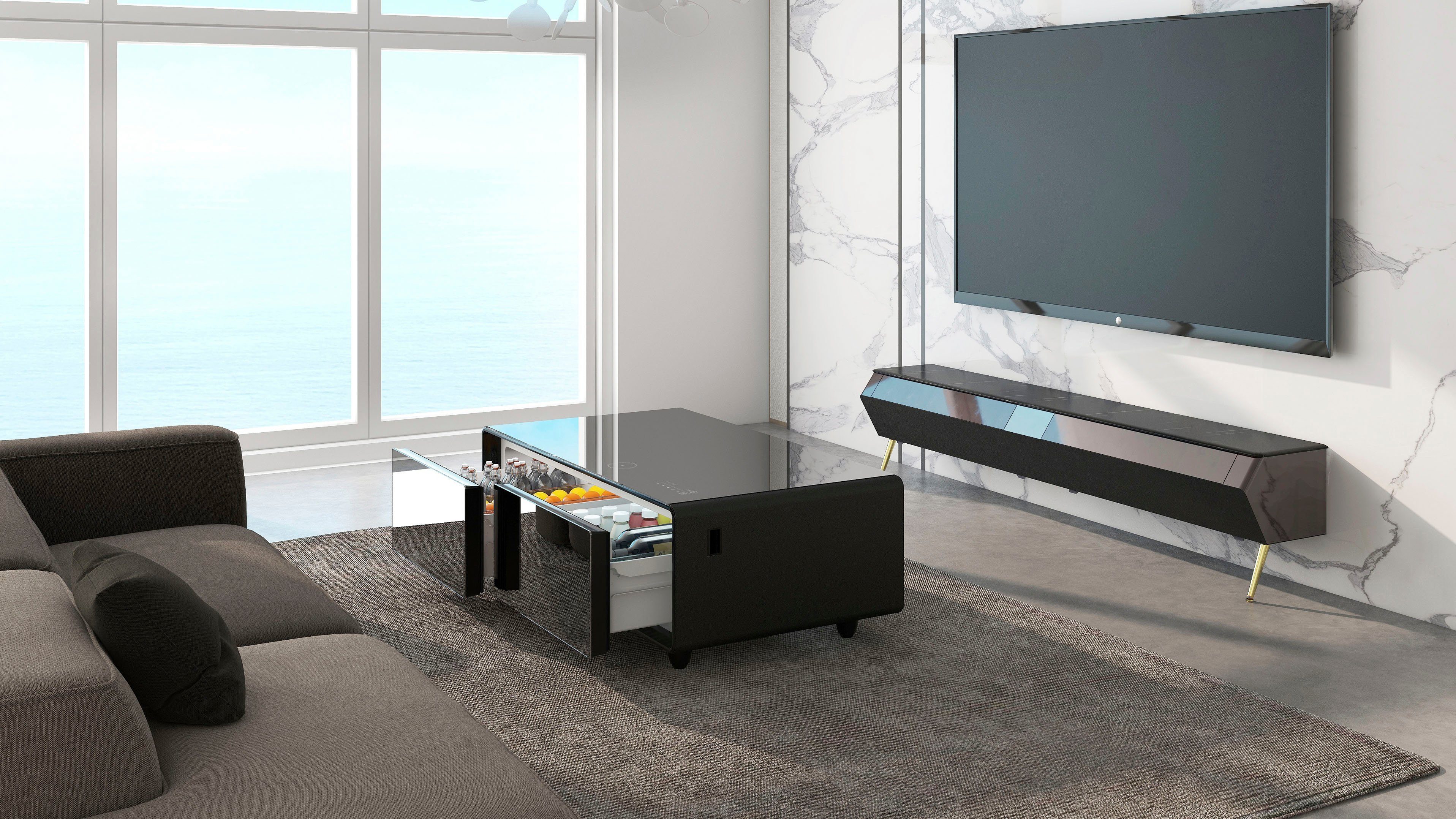 Caso Getränkekühlschrank 792, 46 cm hoch, 130,5 cm breit, Loungetisch mit Kühlfächern, Soundbar und Lademöglichkeiten