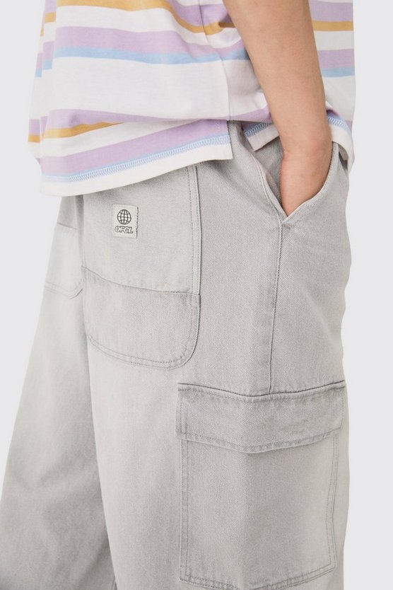 Graue Cargo-Jeans mit elastischem Bund und extrem weitem Bein