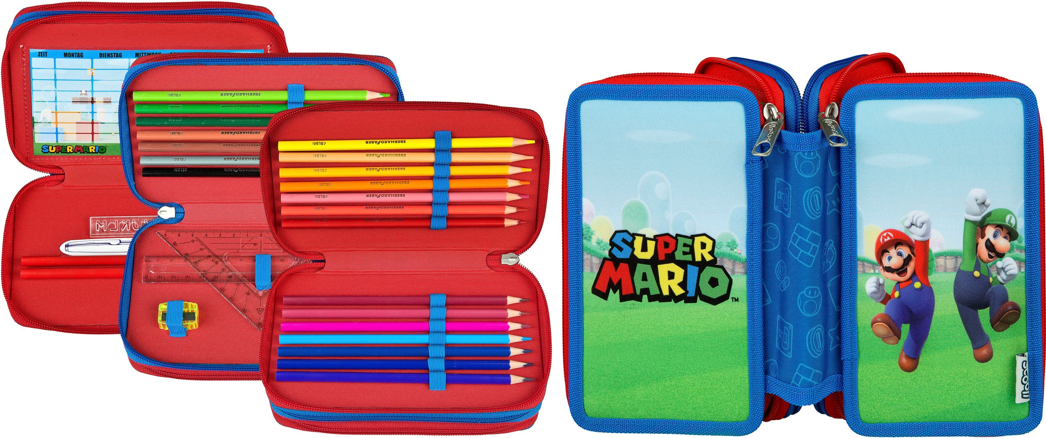 Scooli Federmäppchen Tripledecker, Super Mario, befüllt, inklusive Geodreieck