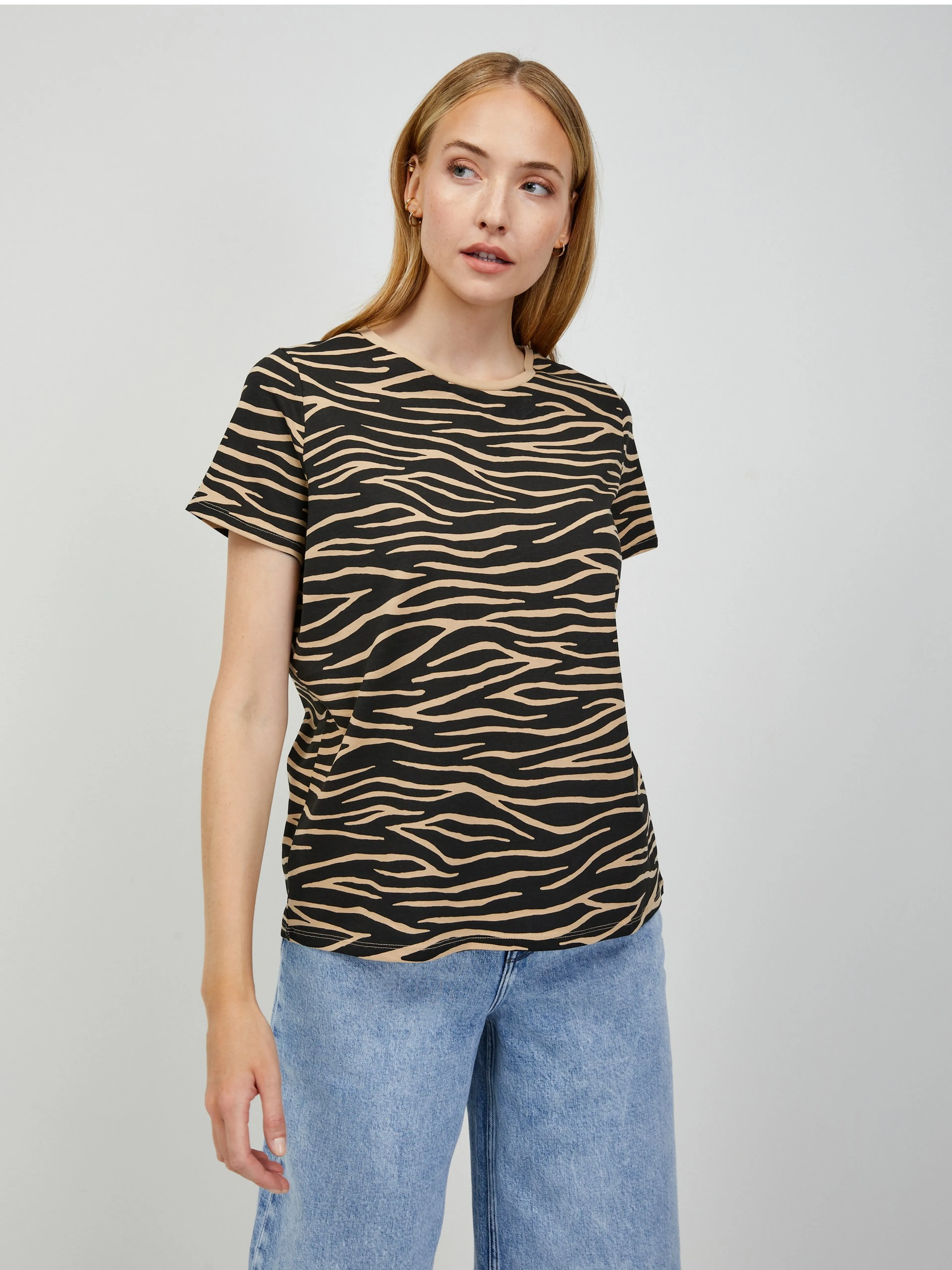 Beige-schwarzes T-Shirt mit Tiermuster ORSAY