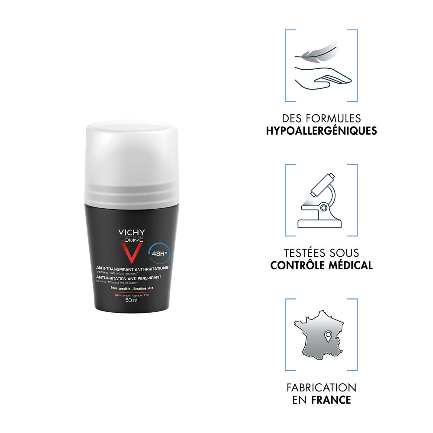 Vichy Homme Déodorant Anti-Transpirant Roll-On 48h 50 ml