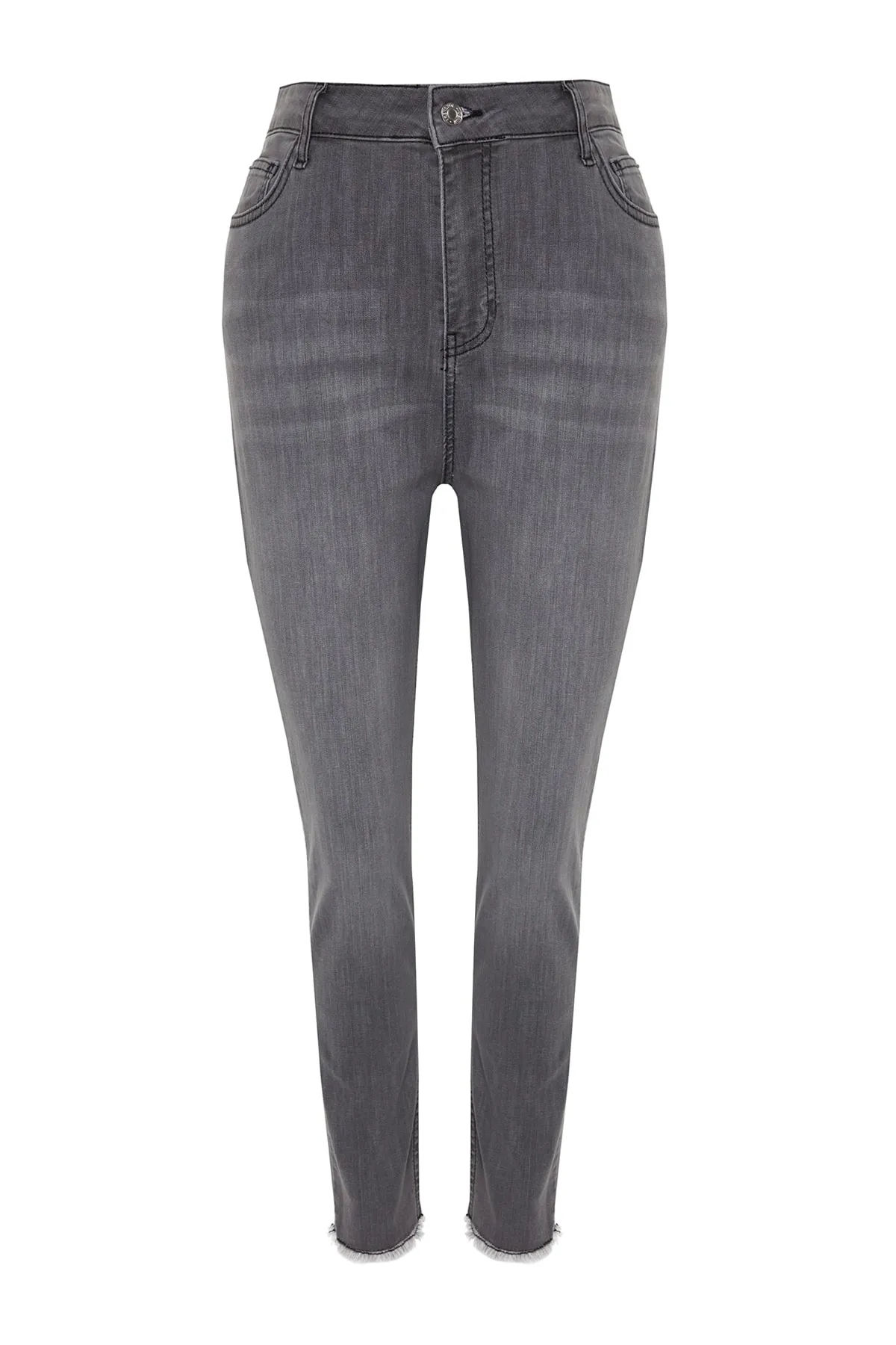 Trendyol Curve  Graue, dehnbare Skinny-Jeans mit hoher Taille und Taschendetail TBBSS23CJ00018