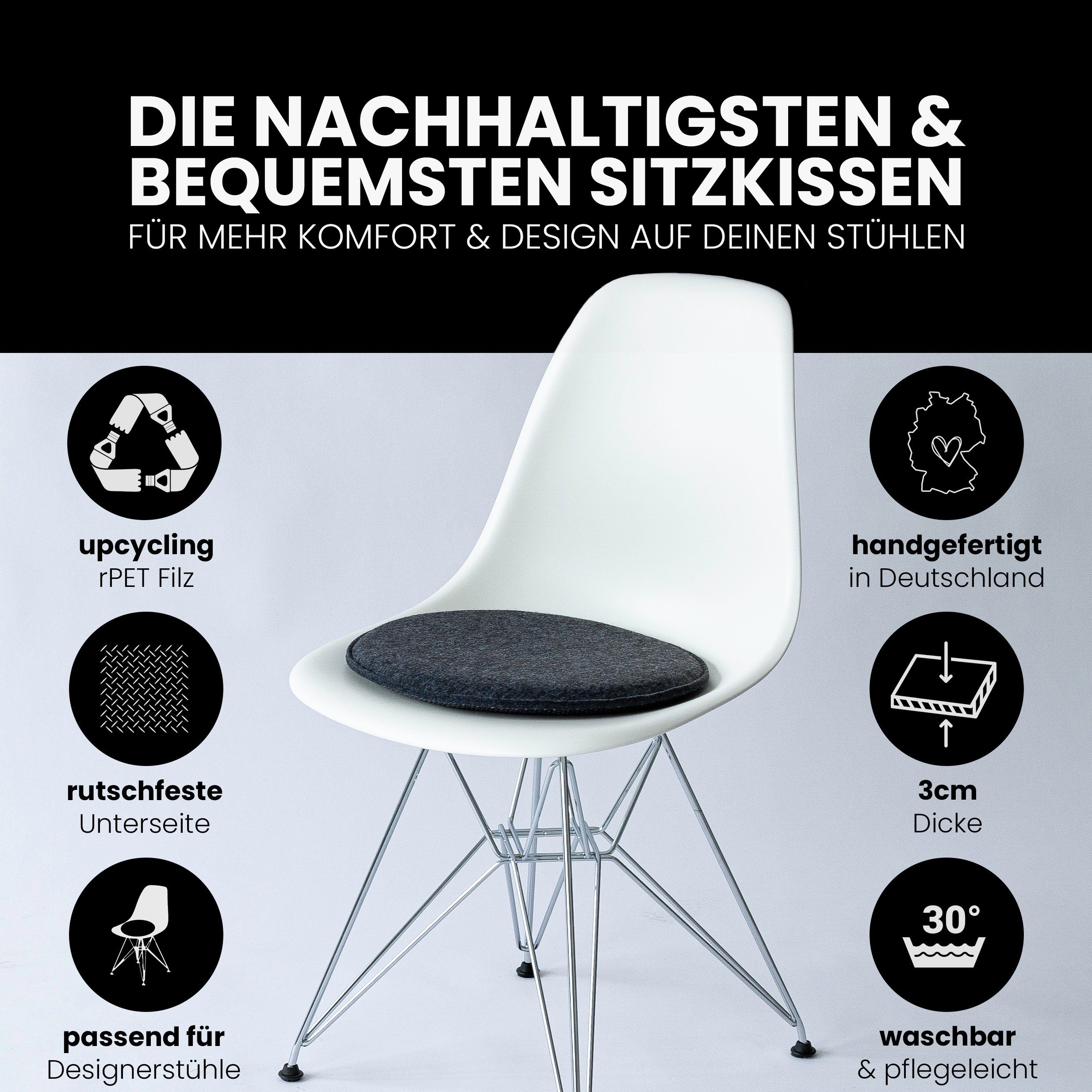 Easy and Green Sitzkissen Filz Rutschfest, upcycling rPET Filz, Made in Germany, Extra Bequem