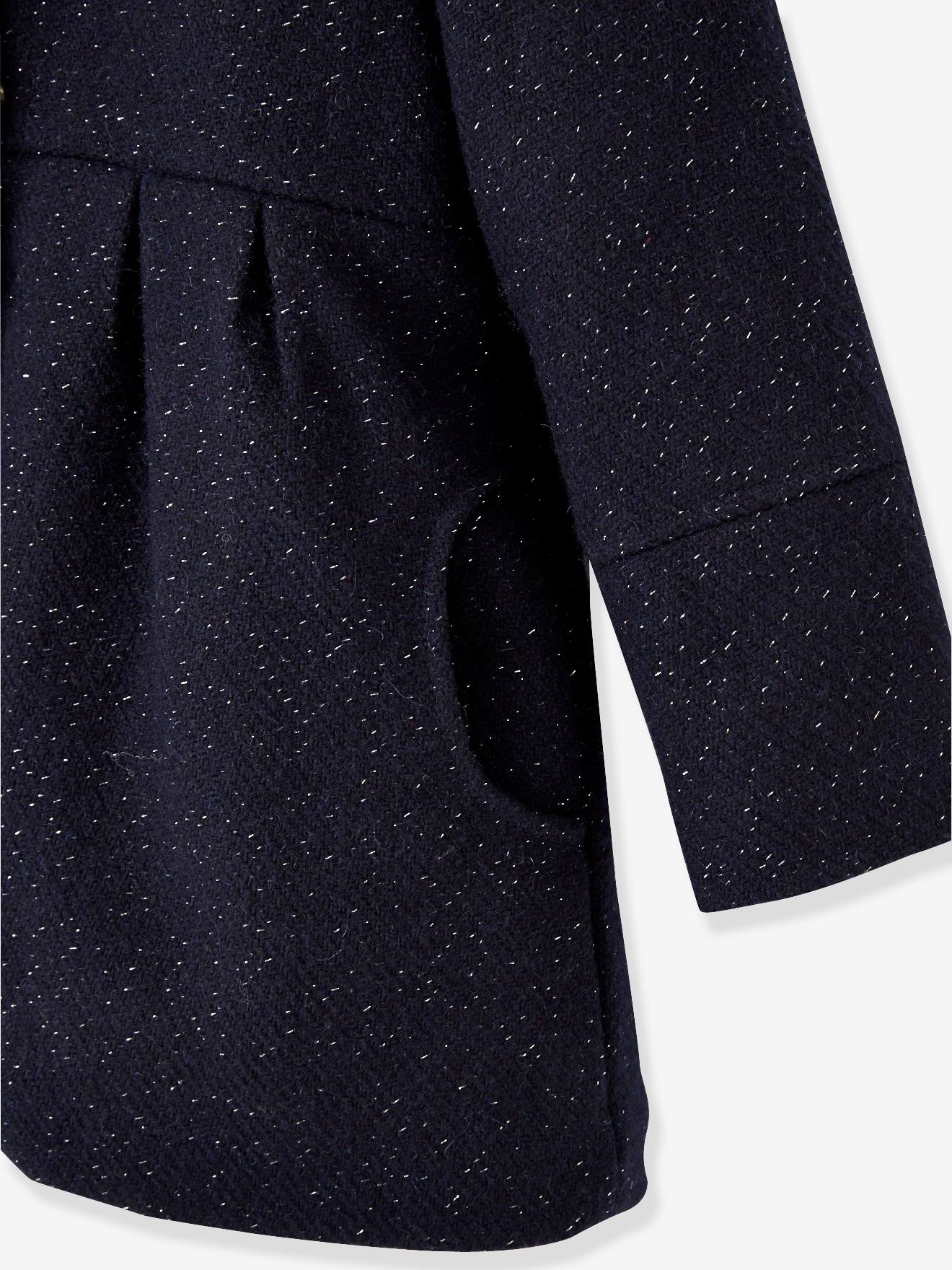 Manteau à capuche en drap de laine fille marine grisé