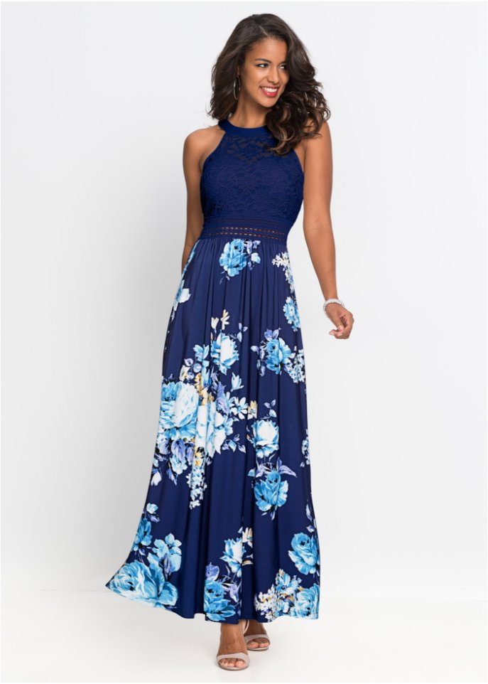 Sommer-Maxikleid mit Blumen-Print und Spitze