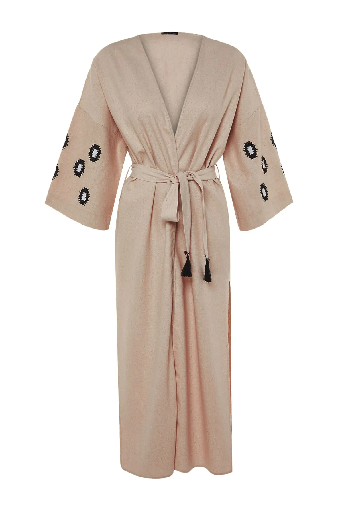 Trendyol Collection  Beigefarbener, gewebter, bestickter Maxi-Kimono und Kaftan aus Leinenmischung aus 100 % Baumwolle mit Gürtel TBESS21KM0175