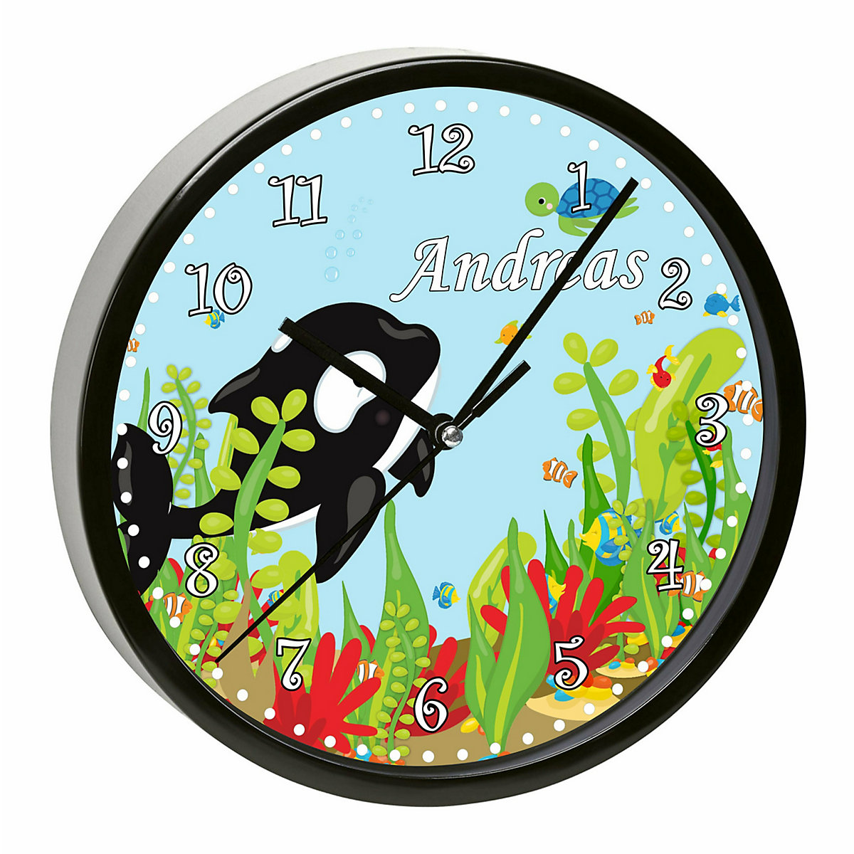 Kinder Wanduhr laufruhig personalisiert mit Name Unterwasserwelt