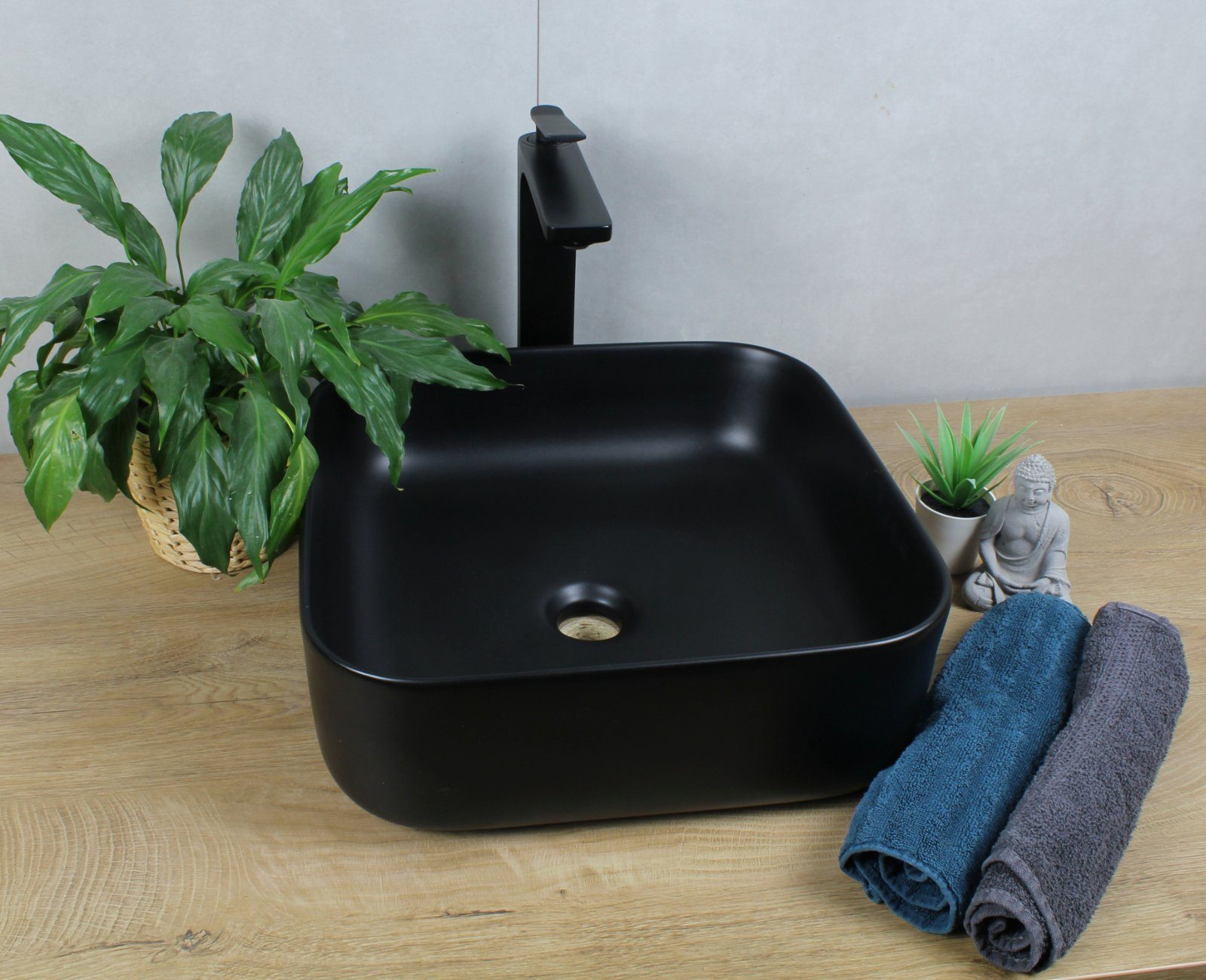 HAGO Aufsatzwaschbecken Keramik Waschbecken quadratisch abgerundet 385x385x140 schwarz matt