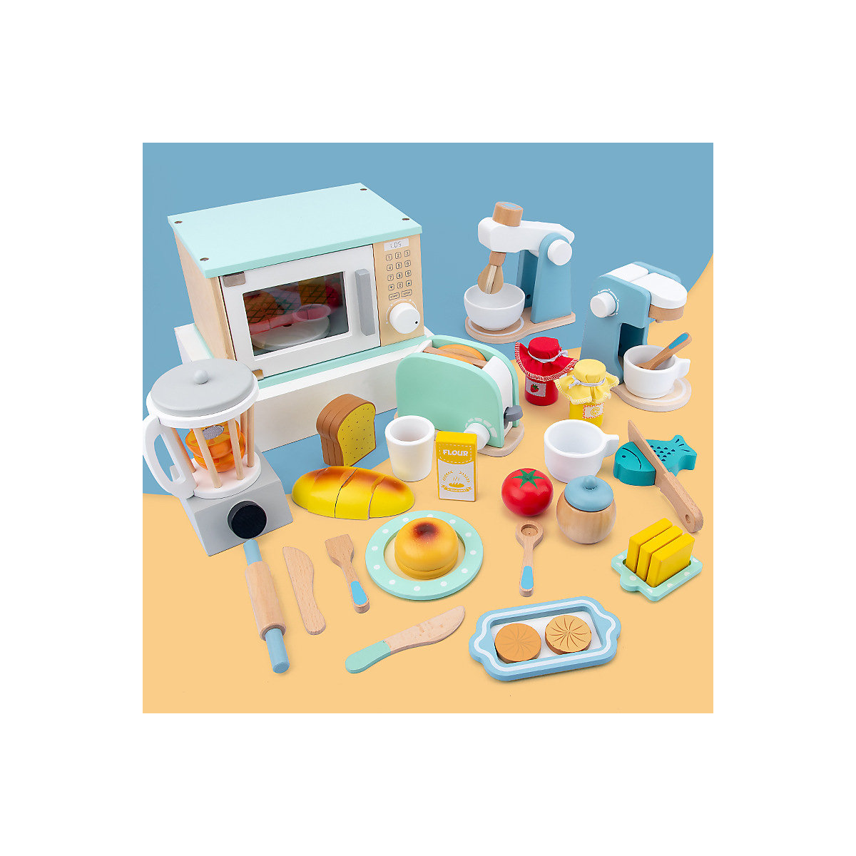 Spielzeugset für die Kinderküche Simulierter Ofen-Entsafter, Kaffeemaschine, Mixer, Holzspielzeug