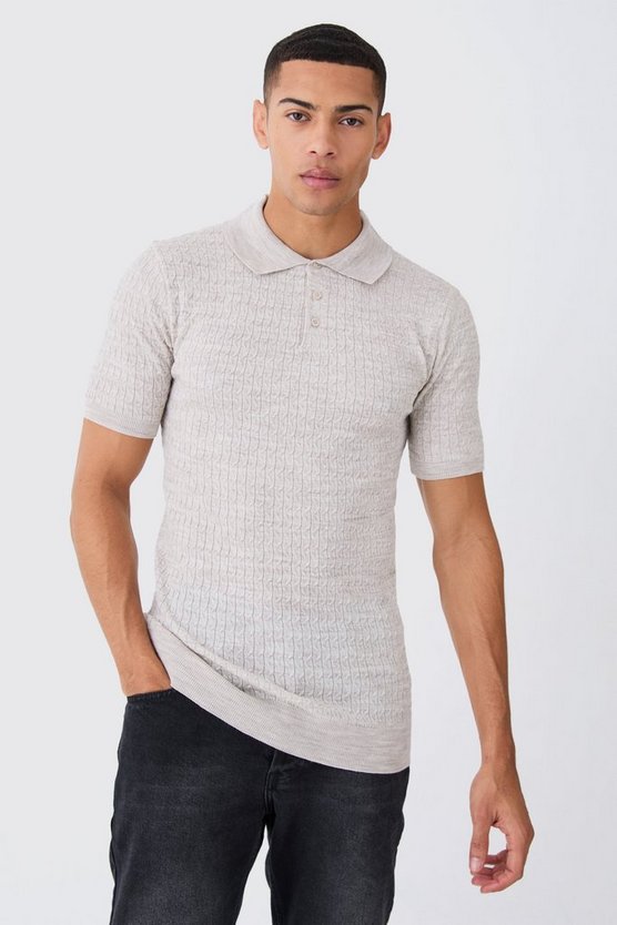 Tall Muscle-Fit Zopfmuster-Poloshirt mit kurzen Ärmeln