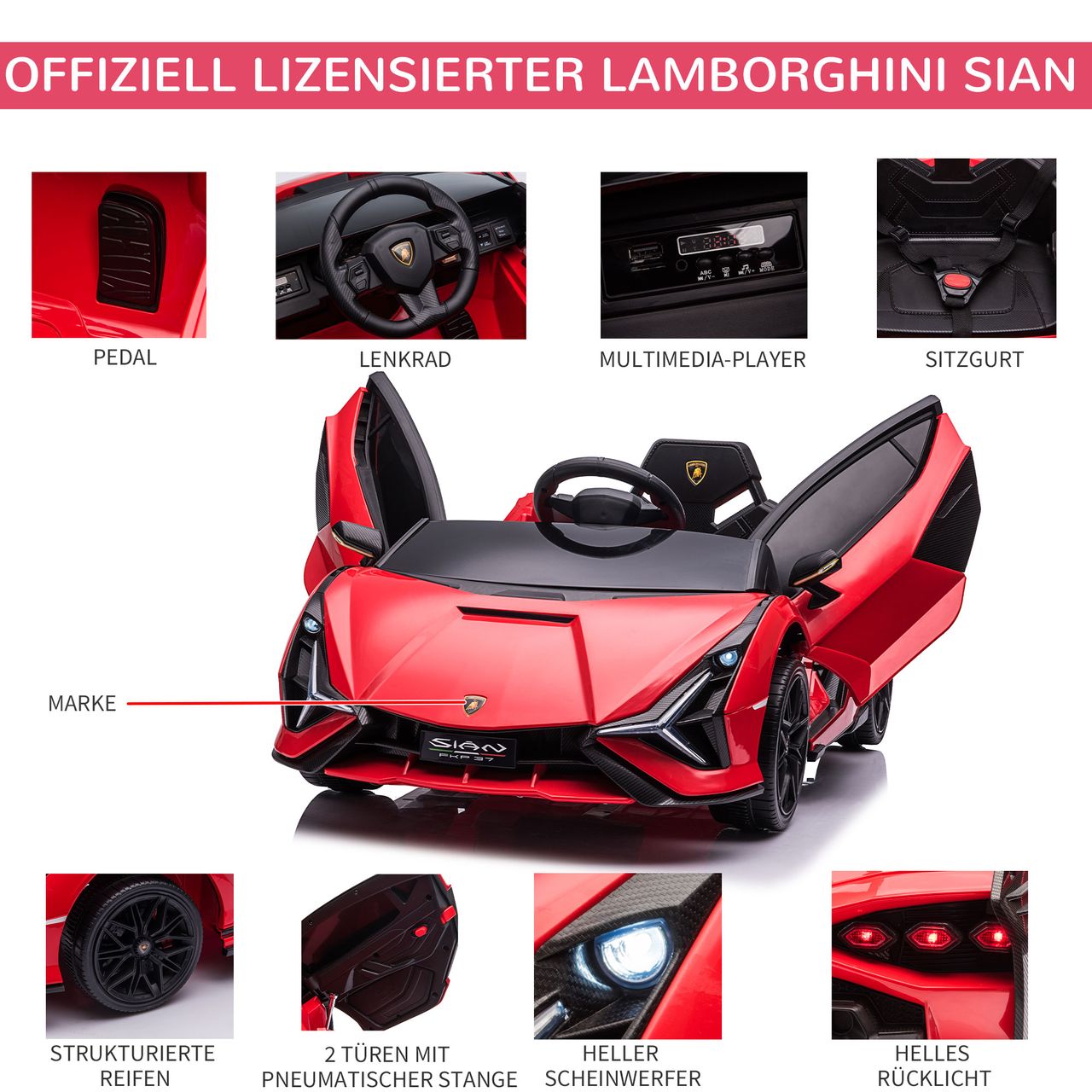 HOMCOM Kinderfahrzeug 2 Fahrmodi SIAN SUV-Auto-Spielzeug Elektroauto mit Fernbedienung extra breiten Reifen Musik(MP3/USB) Licht 3–5 Jahre PP Metall Rot 108 x 62 x 40 cm