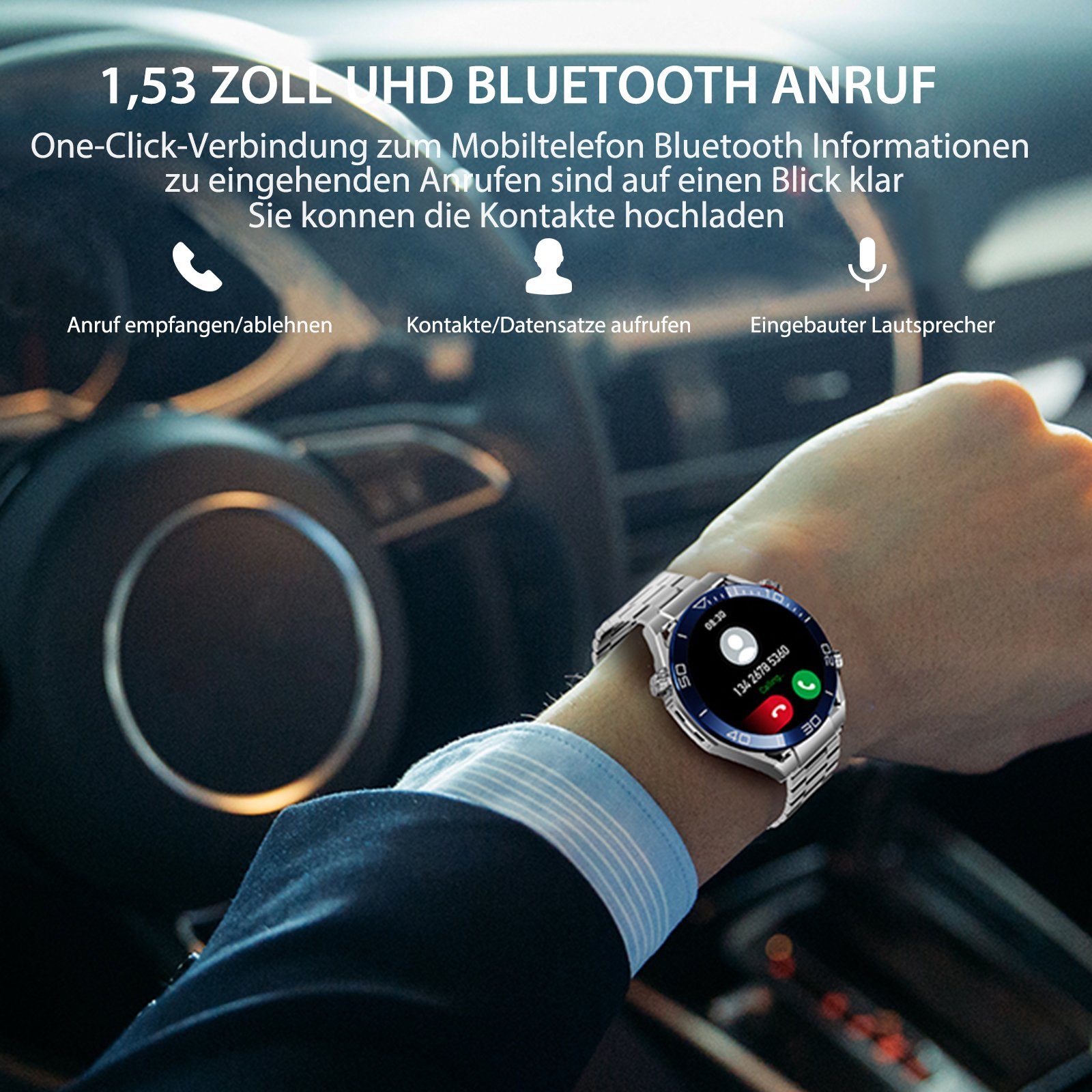 Yuede Smartwatch, Fitness Tracker uhr mit Anruffunktion für Damen und Herren Smartwatch (Rundes 1,52-Zoll-UHD-Full-Touch-Farbdisplay Zoll) Gesundheits-Smartwatches mit Blutsauerstoff, Blutdruckmessung, Herzfrequenz, Schlafqualität, Schrittzähler, Mus