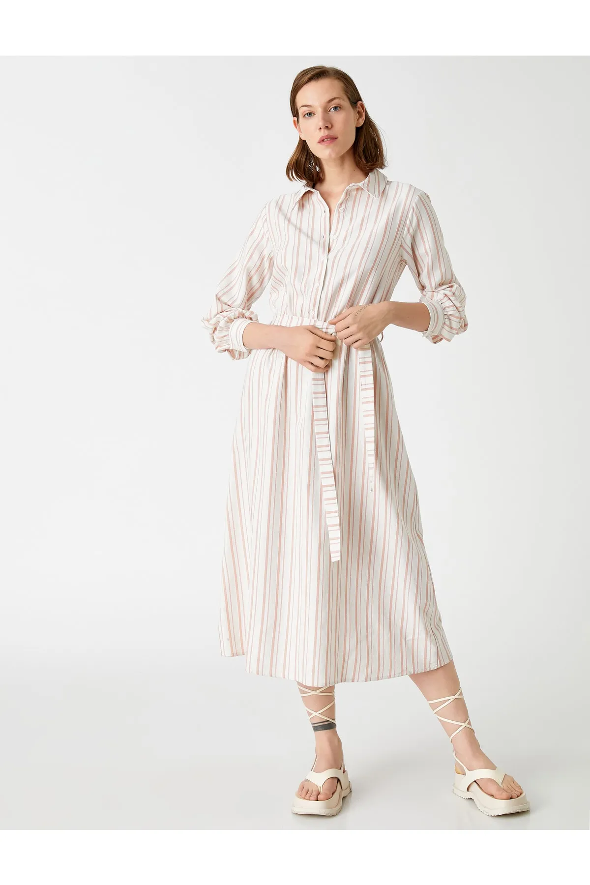 Koton  Midi-Hemdkleid aus Leinenmischung mit Gürtel
