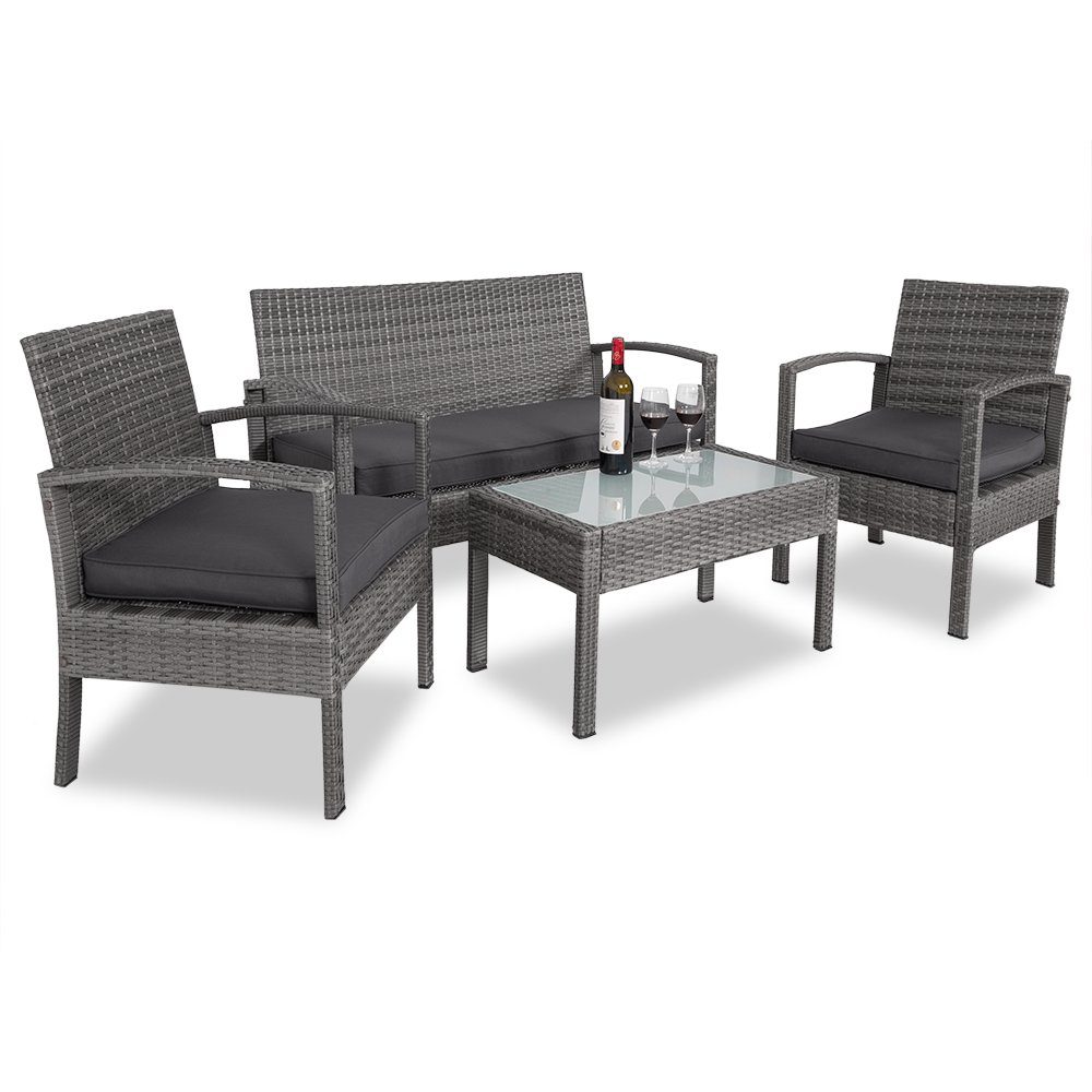Casaria Balkonset, Polyrattan 5cm Auflagen 5mm Sicherheitsglasplatte 7tlg Wetterfest Grau