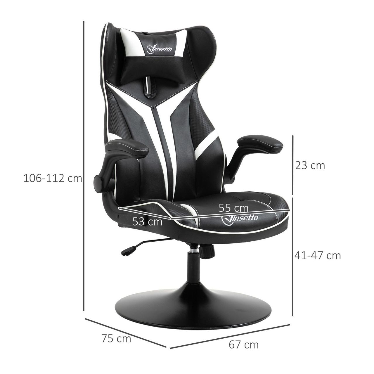 Vinsetto Gaming Stuhl ergonomischer Computerstuhl Stahl Schwarz Weiß 67 x 75 x 106-112 cm
