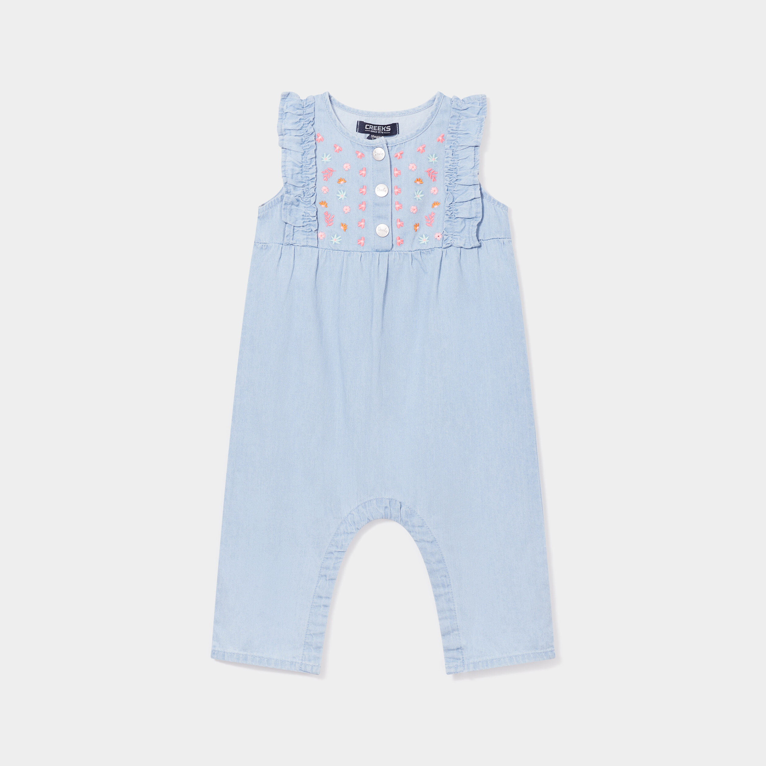 Combinaison broderie en jean Creeks denim bleach bébé fille | La Halle