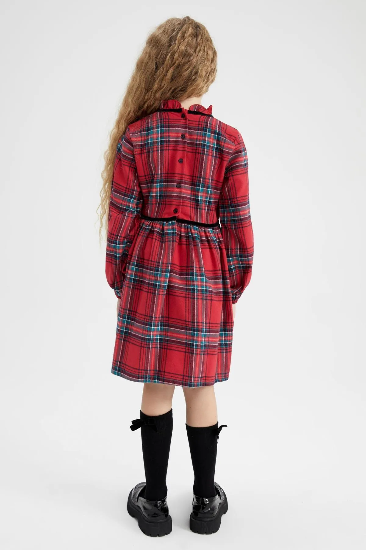 DeFacto  Kariertes Langarmkleid für Mädchen mit Neujahrsmotiv