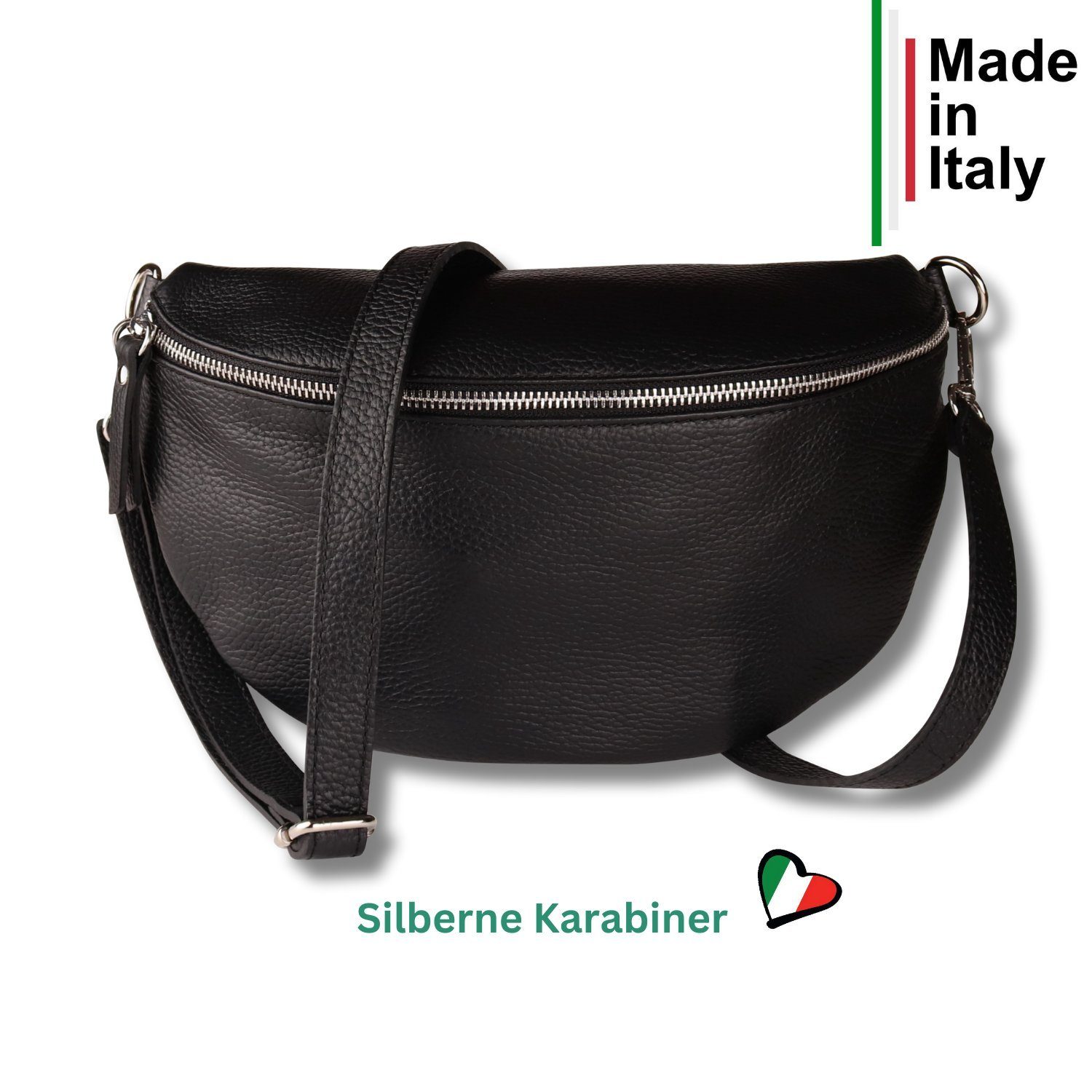 MIRROSI Bauchtasche Damen, Echtleder, Made in Italy, Umhängetasche, Brusttasche, (Schultertasche für jeden Anlass (1 Tasche & 2 Gurte), Crossbody Bag, Schwarz, gemusterten& verstellbaren Schulterriemen