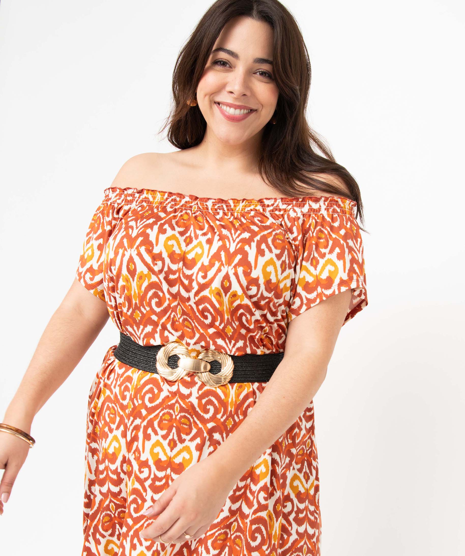 Robe femme grande taille en maille extensible et col smocké imprime | GEMO